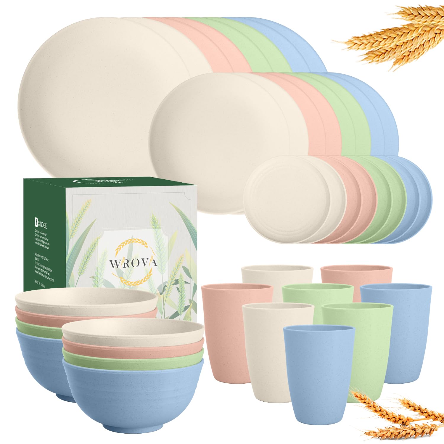 Wrova Wheat Straw Dinnerware Sets 40PCS, Unbreakable Plates and Bowls Sets Service for 8, Microwave and Dishwasher Safe Dish Set