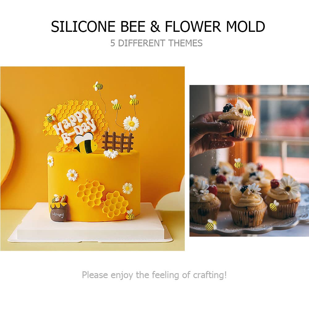 5 Pcs Bumble Bee And Flower Fondant Molds, Cnymany Handmade Silicone Honeycomb Baking Chocolate Molds For Birthday Party Decorat