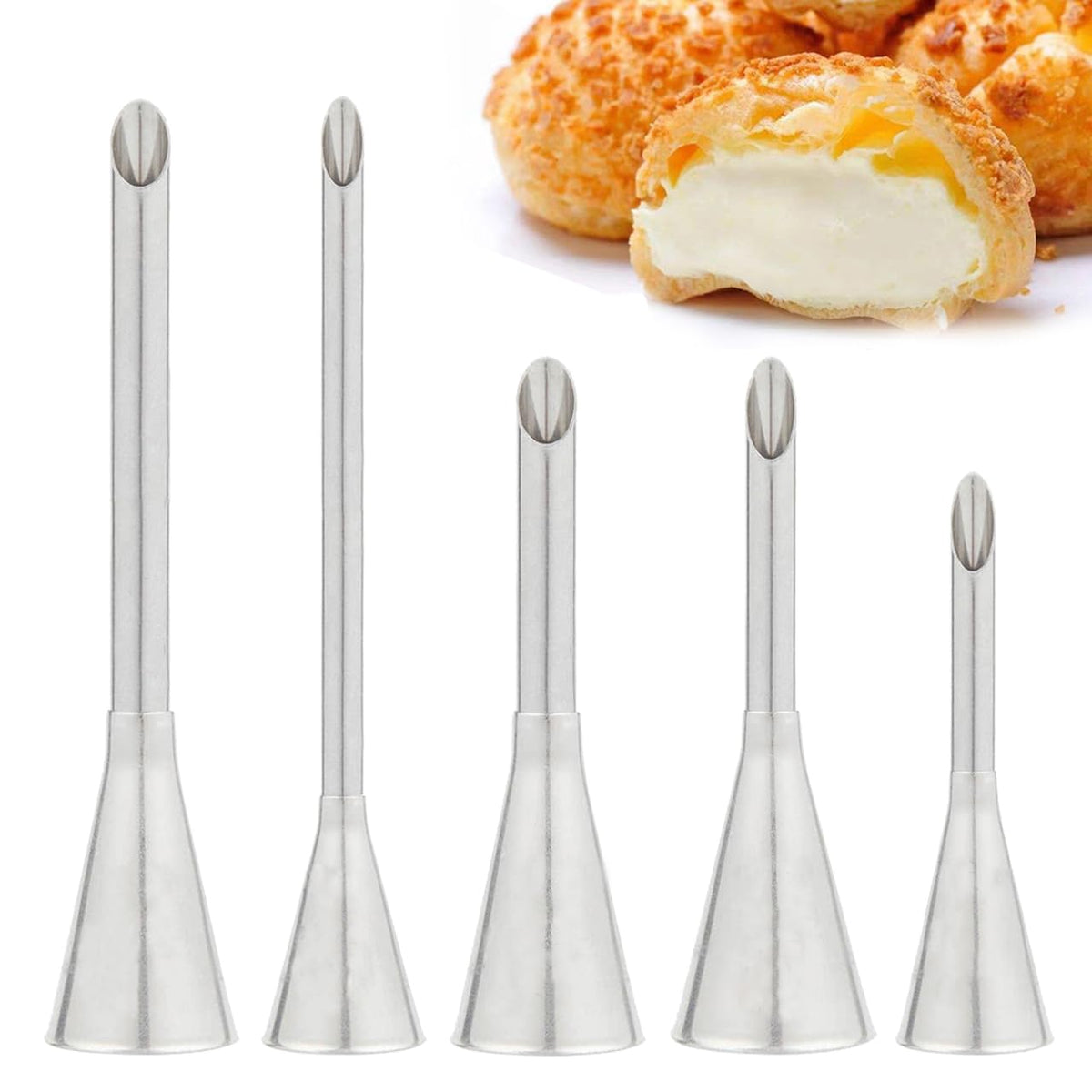 5 Pcs/Set Cream Puff Icing Piping Nozzle Tips, Betterjonny Stainless Steel Long Puff Nozzle Tip Decorating Tools Cake Piping Noz