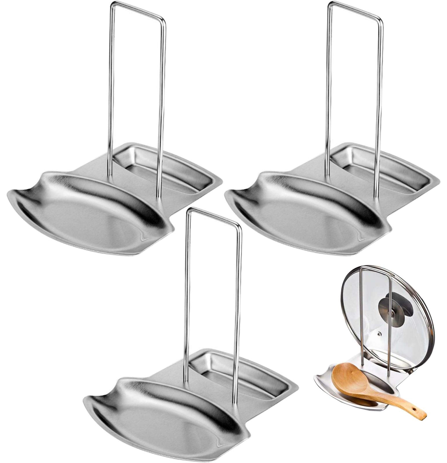 Lawei 3 Pack Lid And Spoon Rest - Pot Lid Holders Stainless Steel Pan Lid Organizer For Pots Pans Spoons