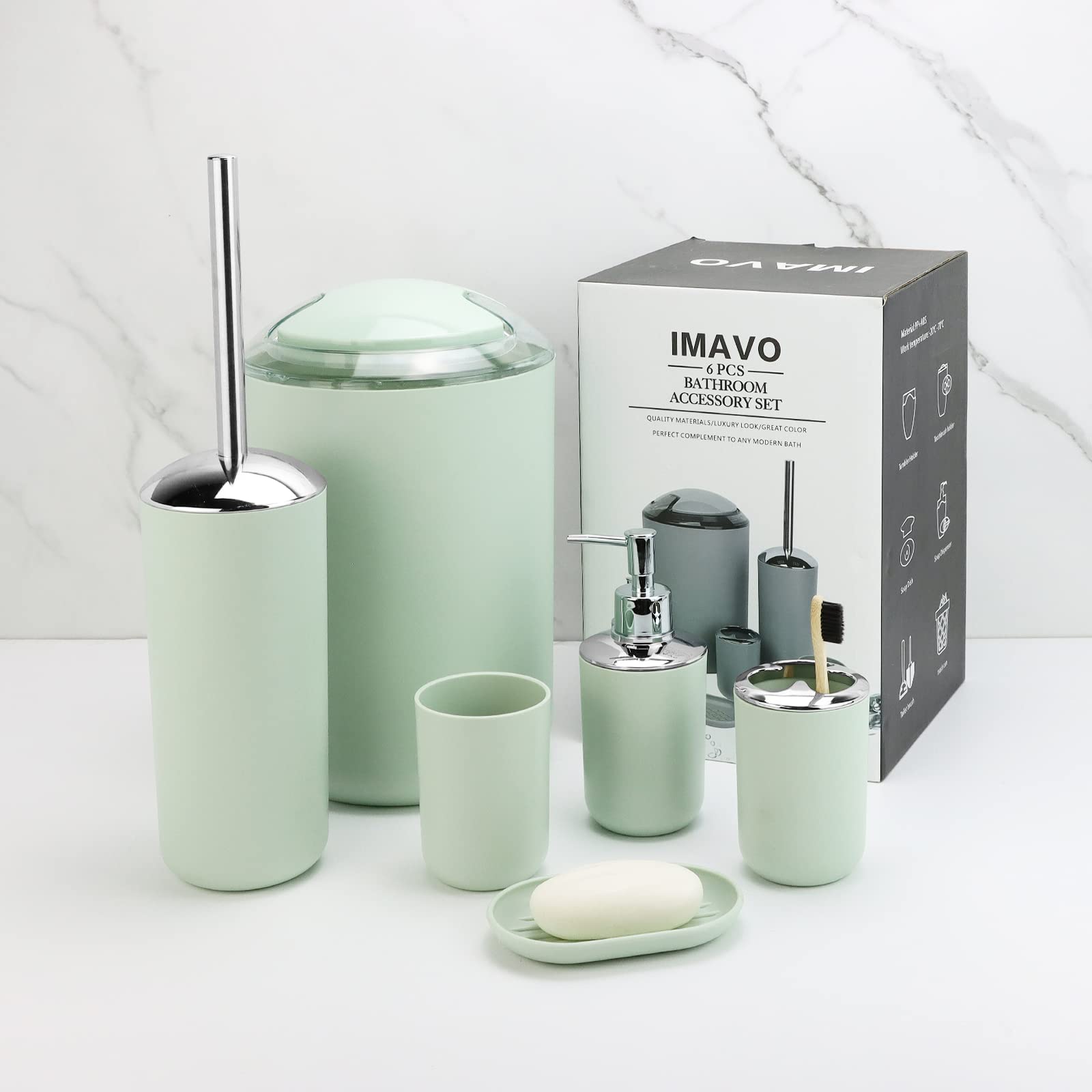 Imavo Bathroom Accessory Set - 6 Piece Green Bathroom Accessories Set With Trash Can, Soap Dispenser, Soap Dish, Toothbrush Hold