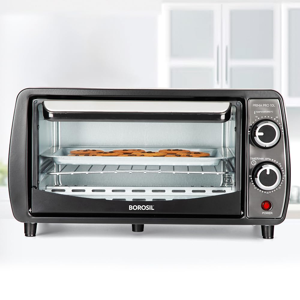 Borosil Prima Pro 10 Litres Oven Toaster Griller | 800W Heating Element, Temprature Control, 0-60 Min Timer | Pizza Oven, Cake O