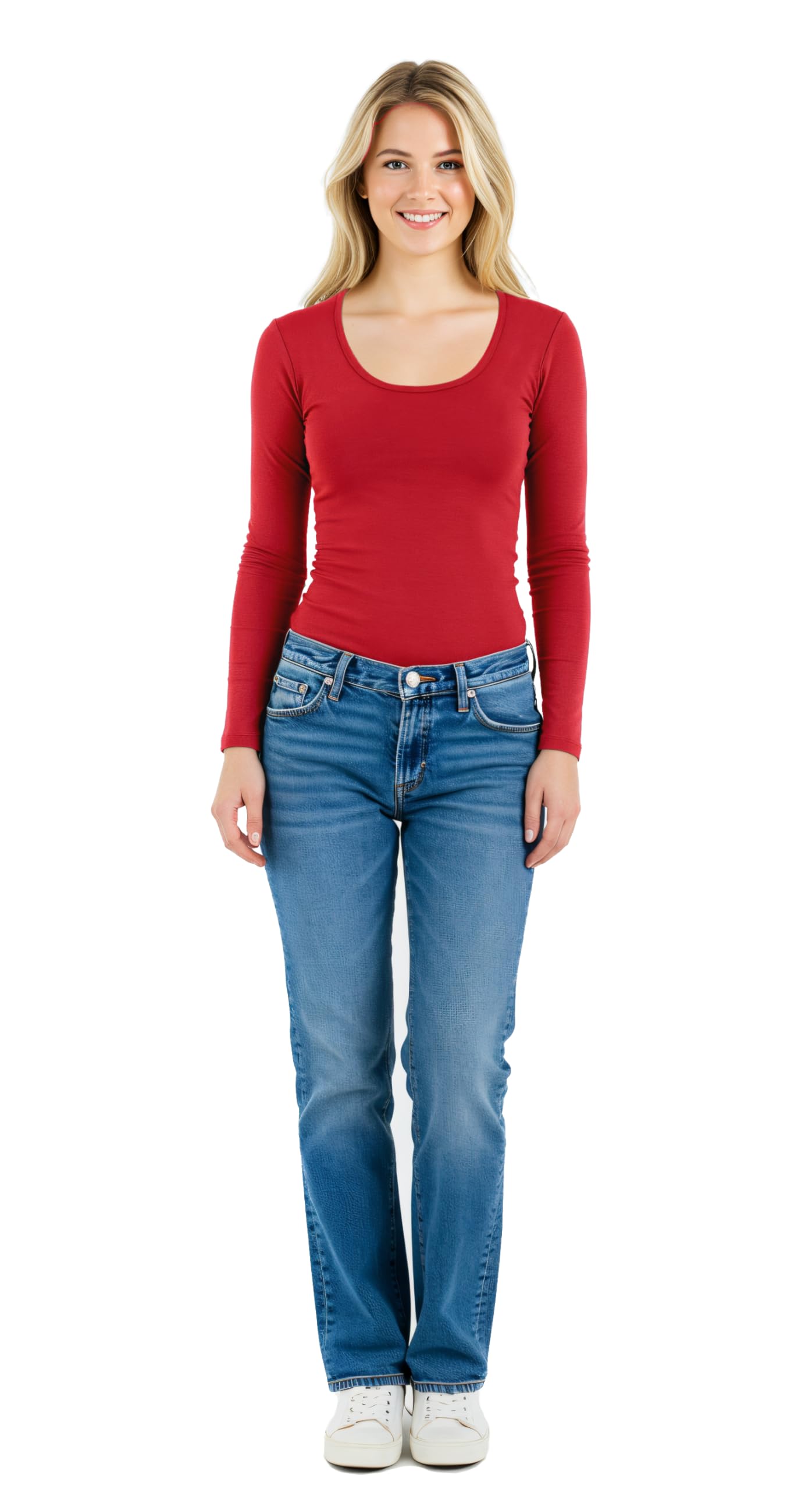 Emmalise Womens Junior And Plus Size Basic Scoop Neck Tshirt Long Sleeve Tee, Large, Red