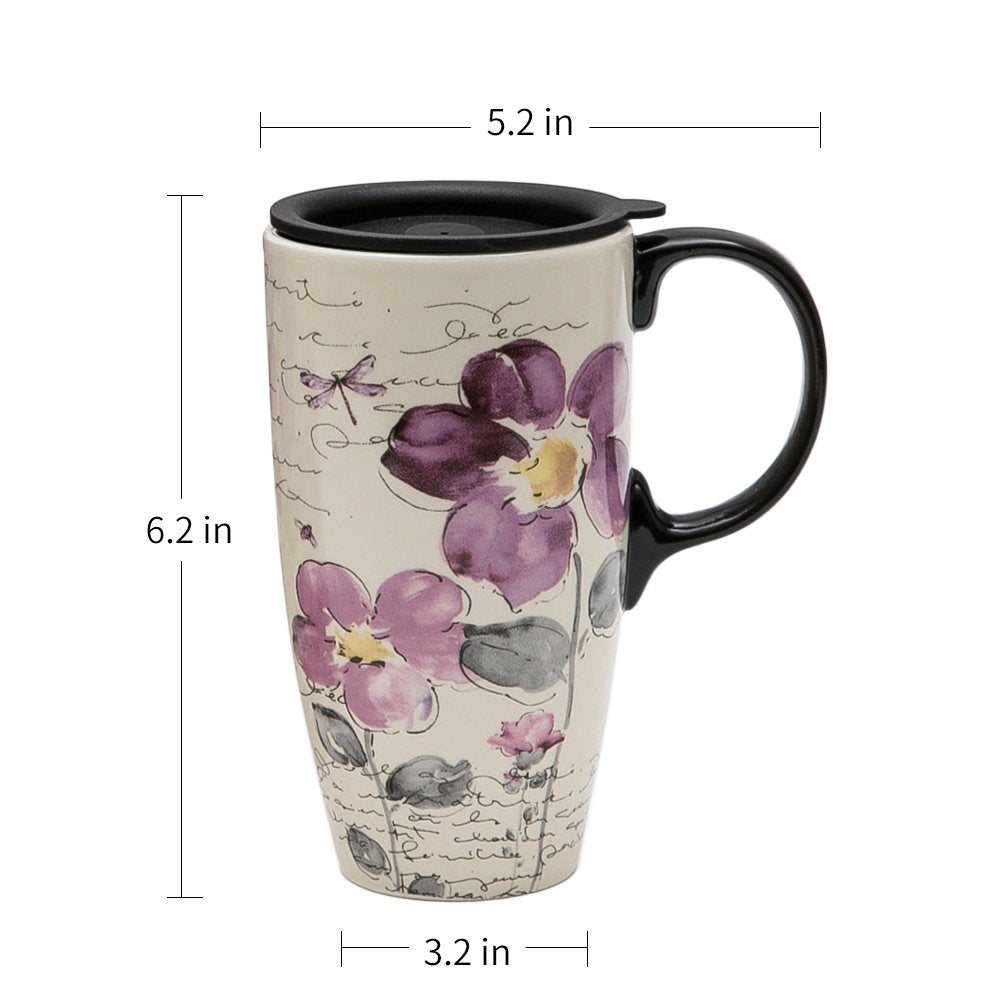 Topadorn Tall Ceramic Travel Mug 17 Oz. Coffee Cups Sealed Lid With Color Box (Purple Flower)
