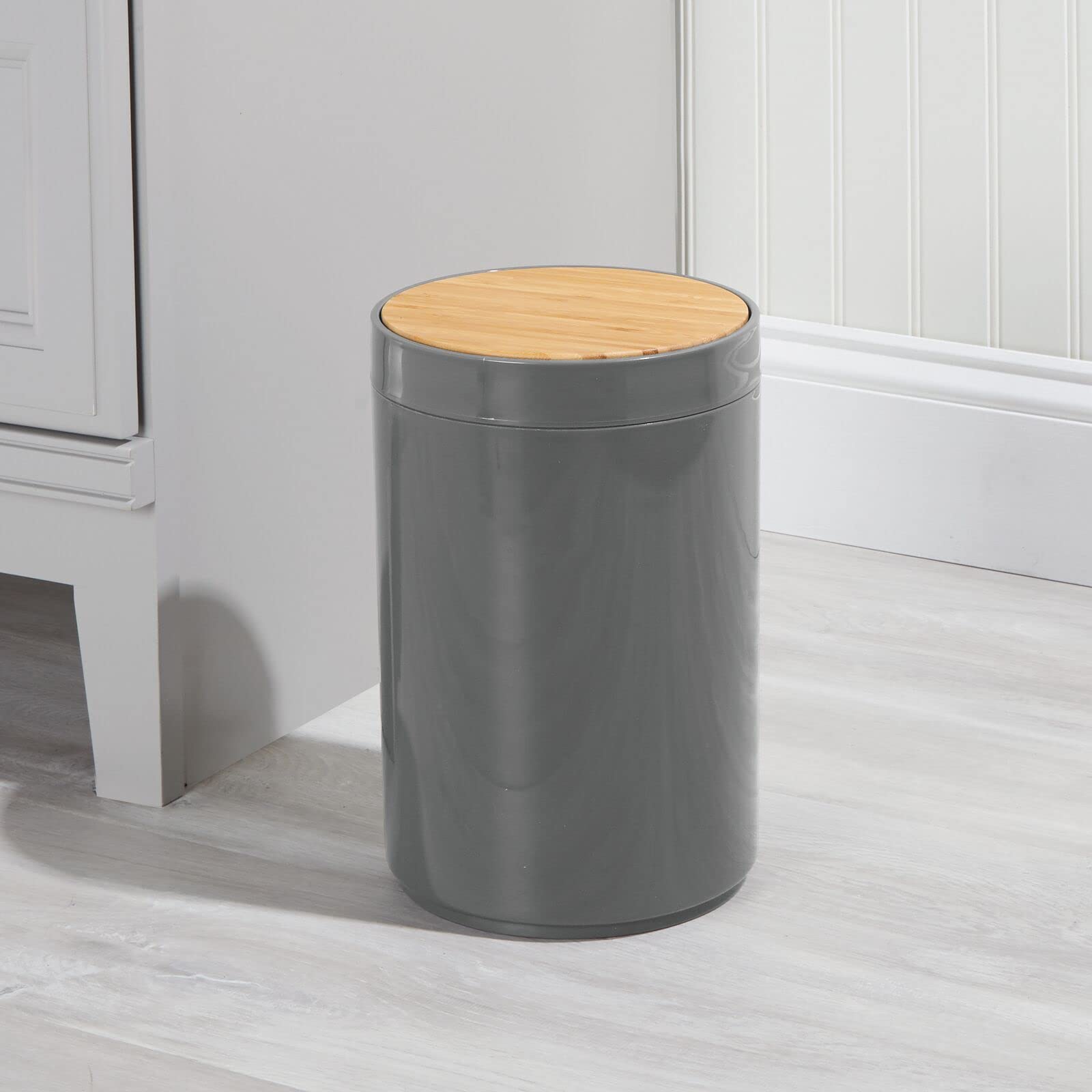 mDesign Plastic Round Trash Can Small Wastebasket - Garbage Bin Container with Swing-Close Lid - Bathroom Garbage Basket - Holds Waste  Recycling - 1.3 Gallon - Basa Collection - Charcoal Gray/Natural