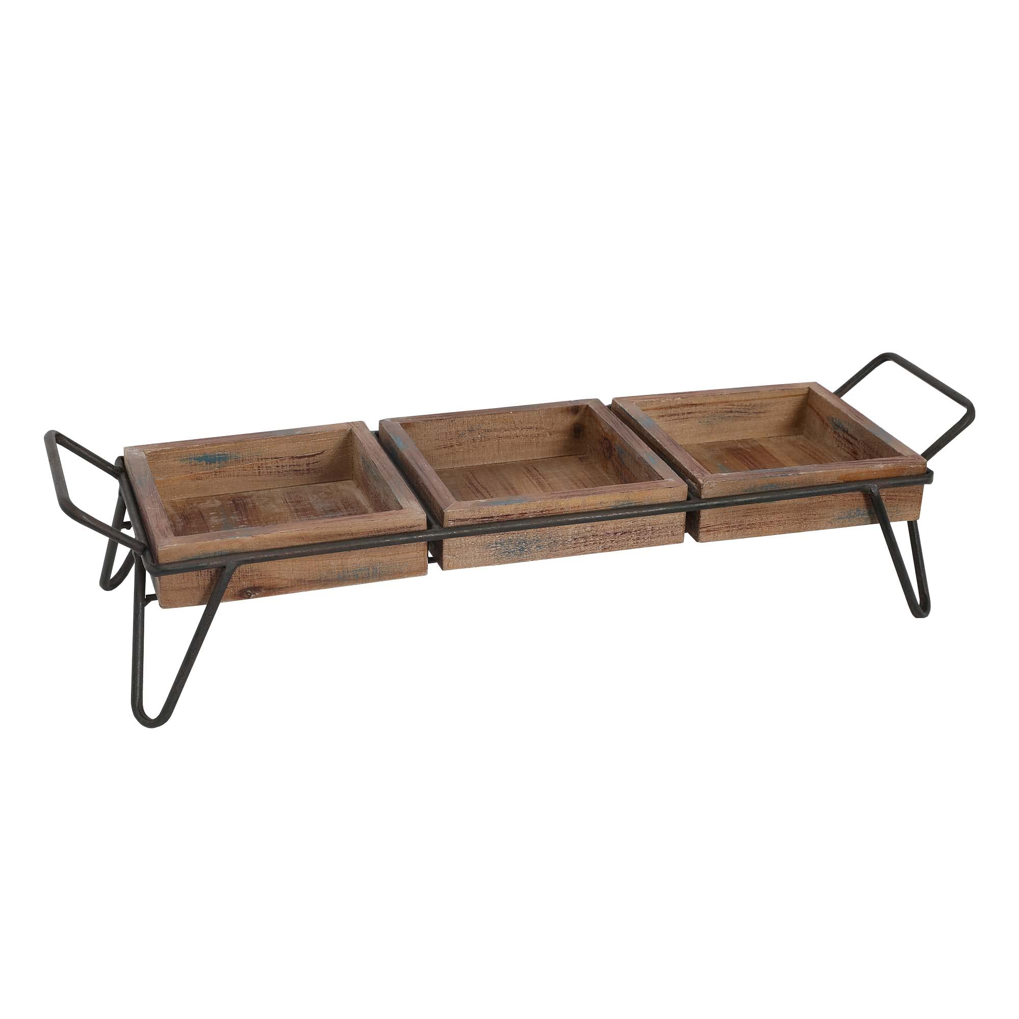 The Urban Port Artisinal Wood Serving Tray, 3 Seperate Sections and Metal Frame, Brown and Black