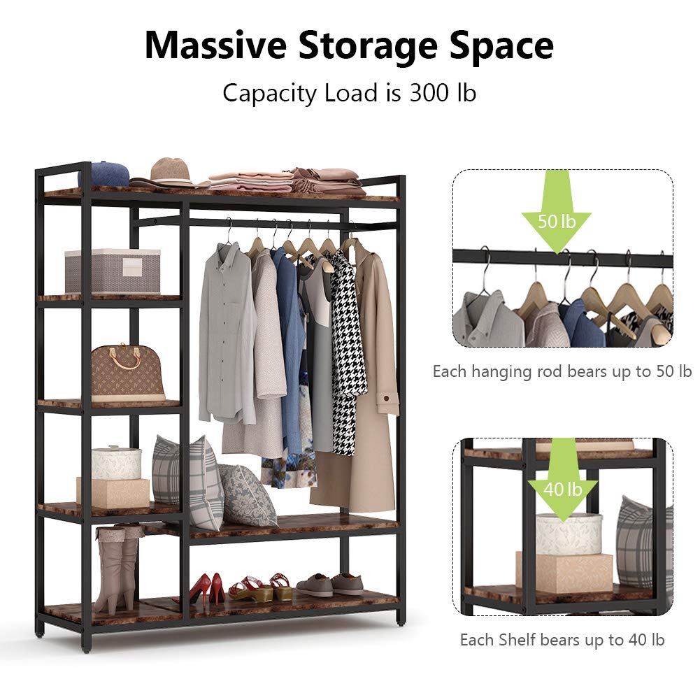 Little Tree Free-Standing Closet Organizer, Heavy Duty Clothes Closet, Portable Garment Rack With 6 Shelves And Hanging Rod, Bla