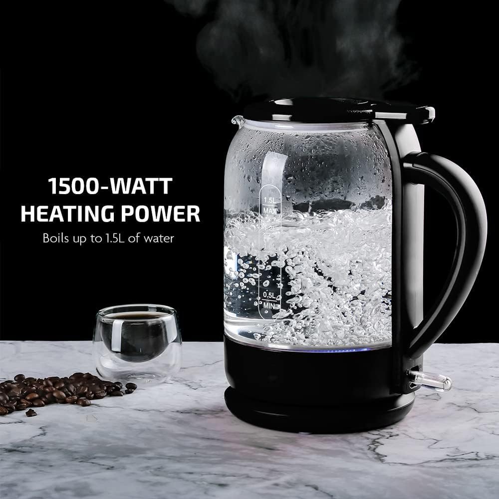 Ovente Electric Glass Kettle 1.5 Liter 1500W Instant Hot Water Boiler Heater With Prontofill Tech, Boil-Dry Protection, Automati