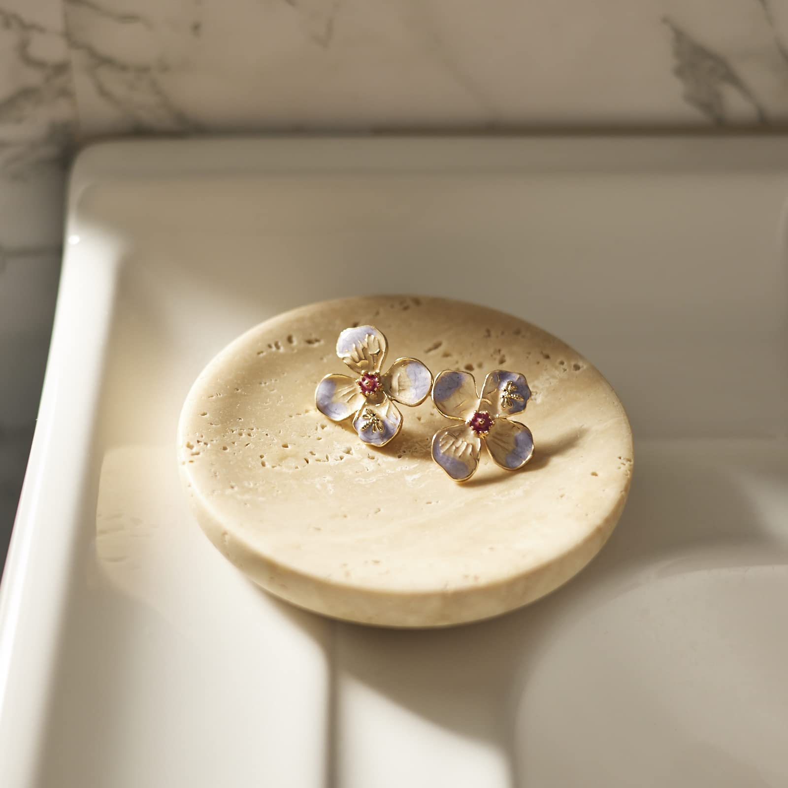 Phinilux Round Travertine Tray For Jewelry, Marble Trinket Dish Tray, Nightstand Decor, Coaster, Soap Dish,Sponge Holder For Bat