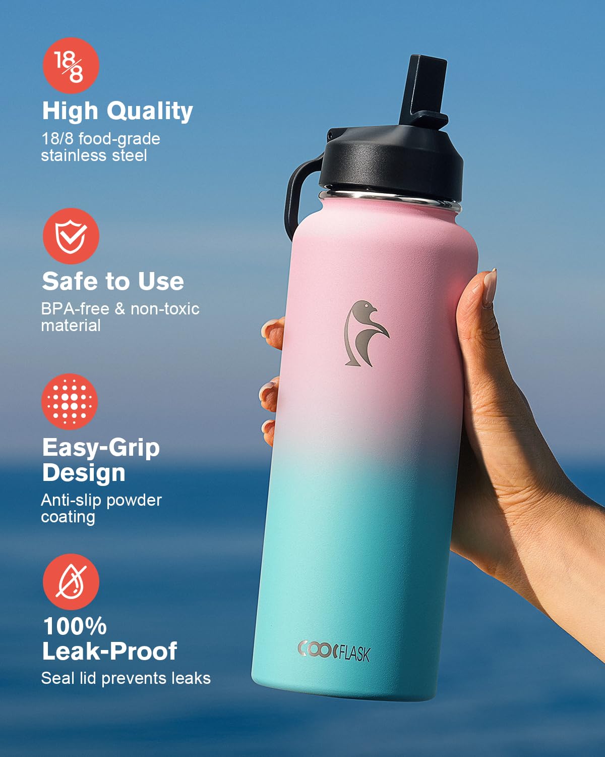 40 Oz Insulated Water Bottle With Straw&3 Lids, Coolflask Stainless Steel Metal Flask Wide Mouth For Sports Or Office, Non-Bpa K