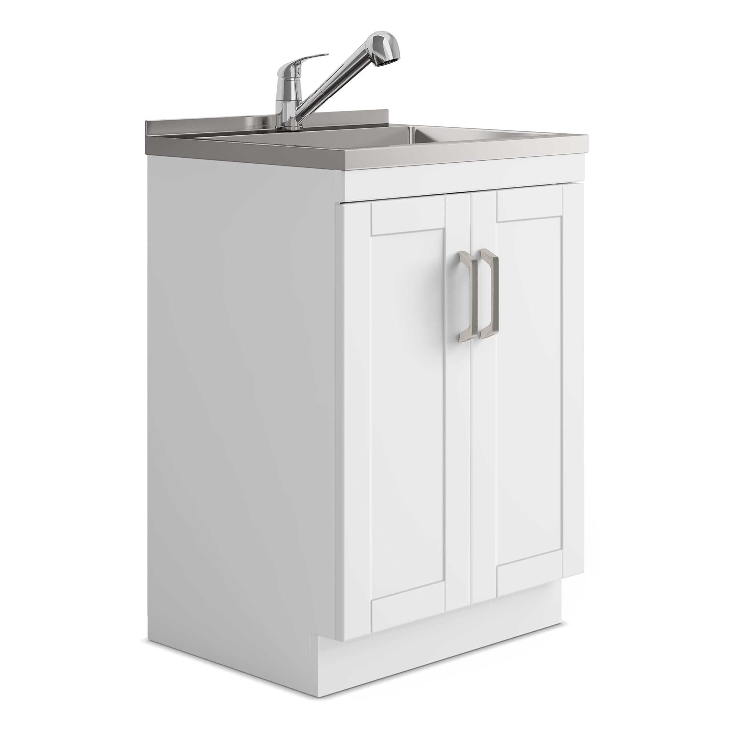 SIMPLIHOME Kyle All-in-One 24 inch Wide Utility Sink and Laundry Cabinet in Pure White Finish, Transitional Stainless Steel Sink