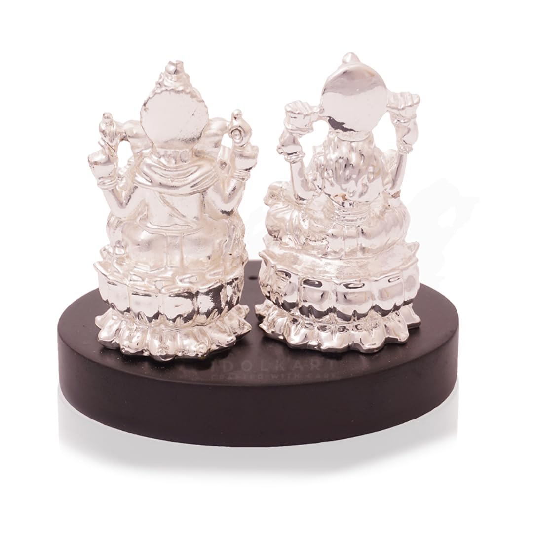 Idolkart 999 Silver Plated Ganesh Lakshmi Murti On A Wooden Base | Small Size (3 Inch) | Ganesh Laxmi Idol For Diwali Puja, Gift
