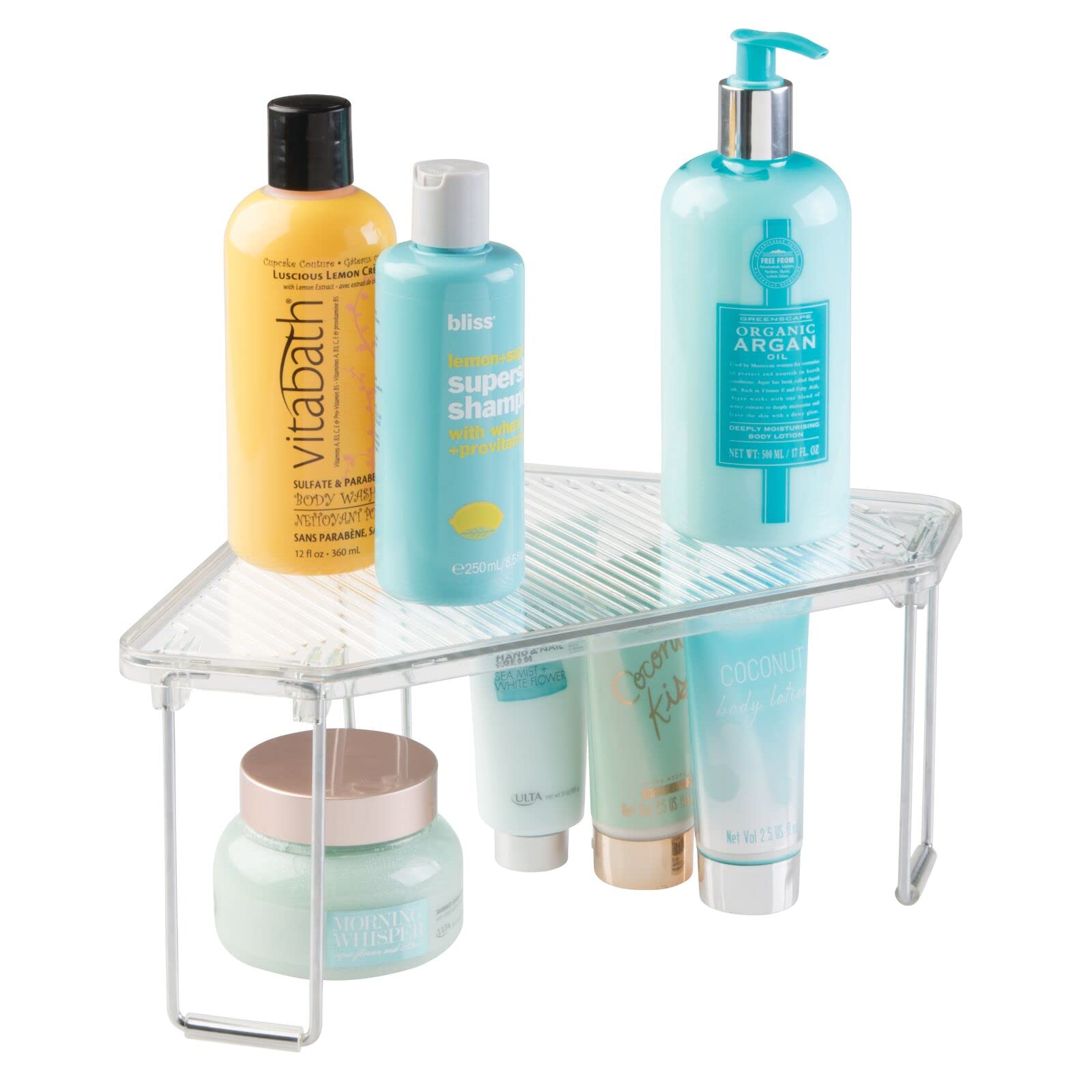 mDesign Plastic/Steel Corner Stackable Rack  Storage Organizer Shelf for Bathroom  Vanity  Countertop  Sink  Cabinet  Holds Makeup  Shower Accessories  Ligne Collection - 2 Pack - Clear