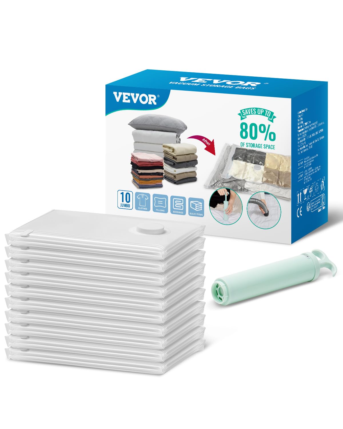 VEVOR Vacuum Storage Bags, 10 Jumbo Space Saver Vacuum Seal Bags, Compression Airtight Space Bags, Zipper Sealer Bags for Clothe