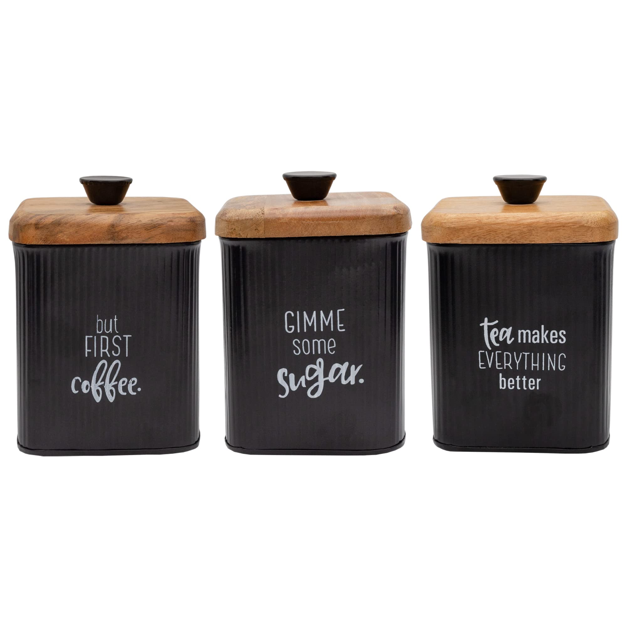 Auldhome Farmhouse Black Enamelware Canisters (Set Of 3); Storage Containers For Coffee, Tea And Sugar In Black Enamel And Wood