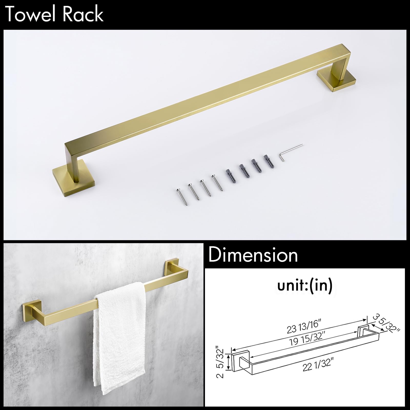 Bagnolux Bathroom Hardware Set 4 Pieces, Bath Towel Holder Set Sus304 Stainless Steel, Towel Bar Rack Set For Wall Mounted, Gold