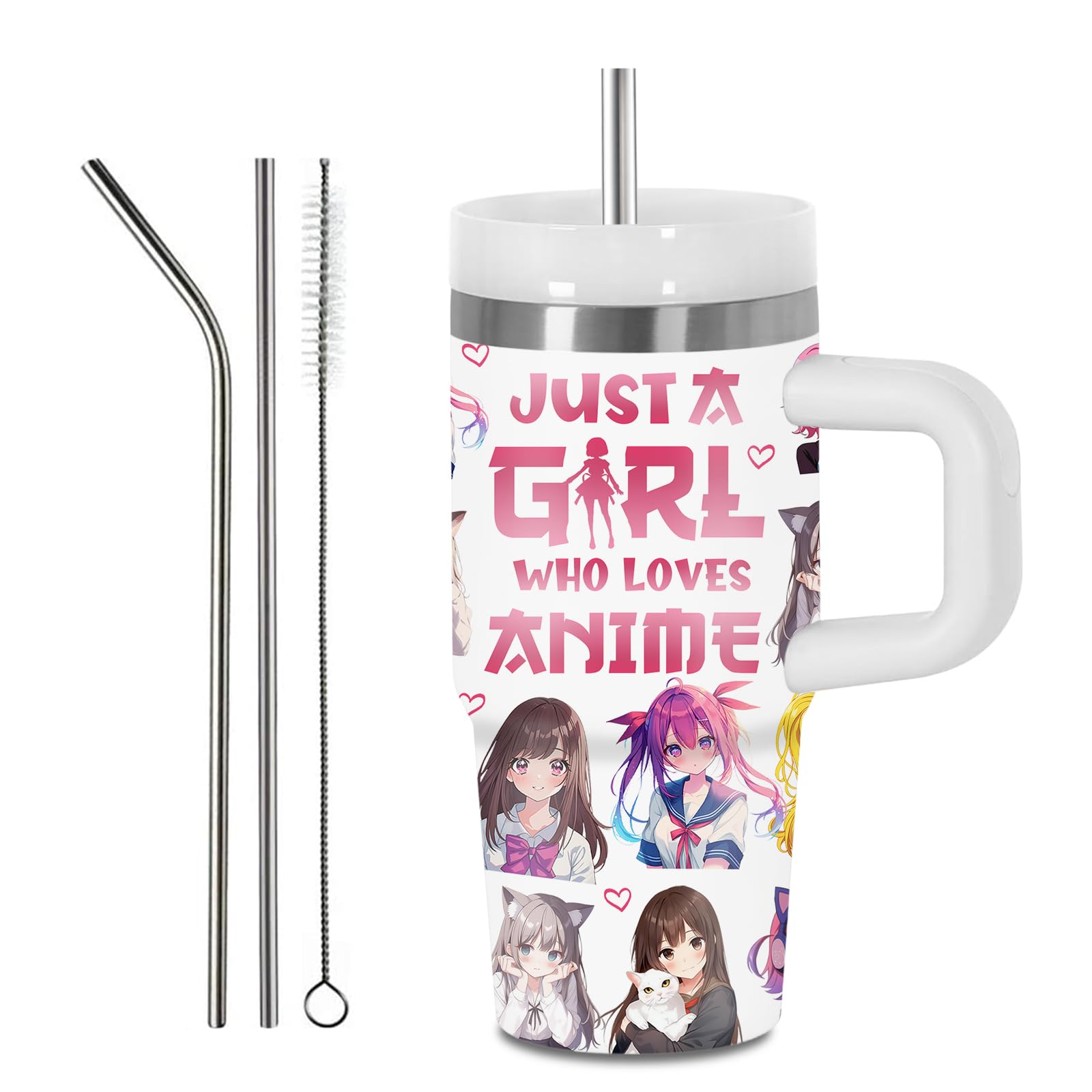 Anime Gifts For Women Girls, 14Oz Tumbler With Handle And Straw Just A Girl Who Loves Anime, Stainless Steel Insulated Cartoon M