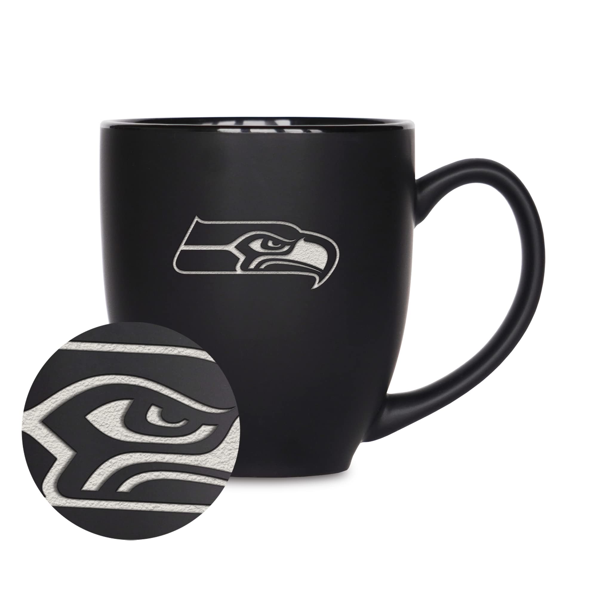 Rico Industries NFL Football Seattle Seahawks Main 15oz Laser Engraved Matte Black Ceramic Bistro Mug - For Hot or Cold Drinks