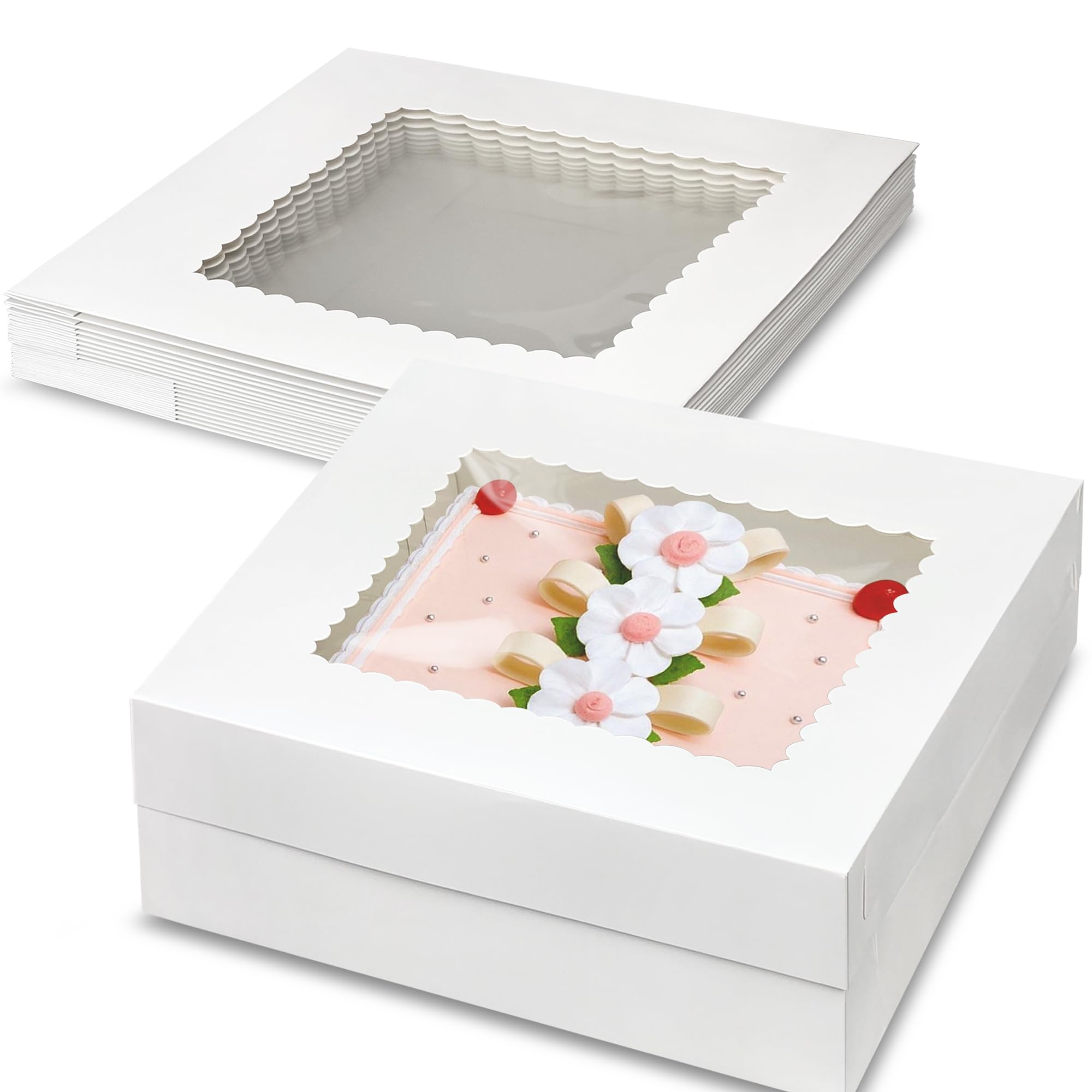KEEPARTY 10 PCS 14x14x4 Inch White Cake Boxes with Window Large Bakery Box for Cake Cupcakes Donuts Cookies Dessert Pastry Bakin