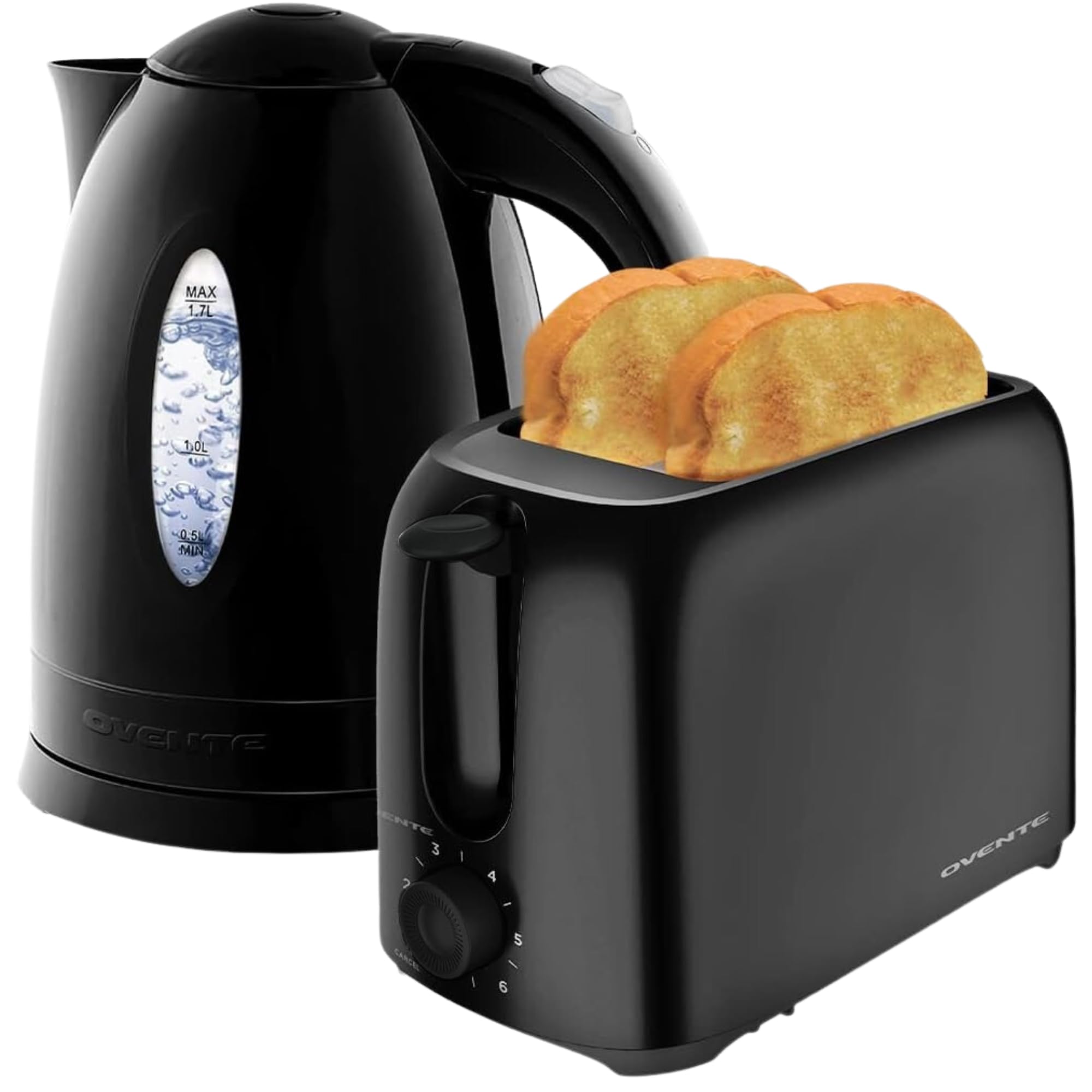 OVENTE Electric Kettle + 2-Slice Toaster Combo, 1.7L Water Boiler with Auto Shut-Off and Boil Dry Protection, Toasting Machine w