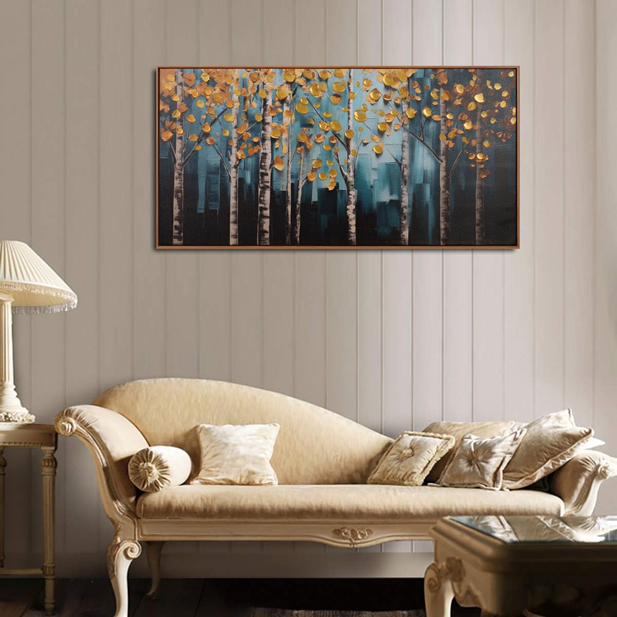 Framed Wall Art Golden Autumn Scene Nature Decor Canvas Print Gold Abstract Tree Painting Picture Artwork Framed For Living Room
