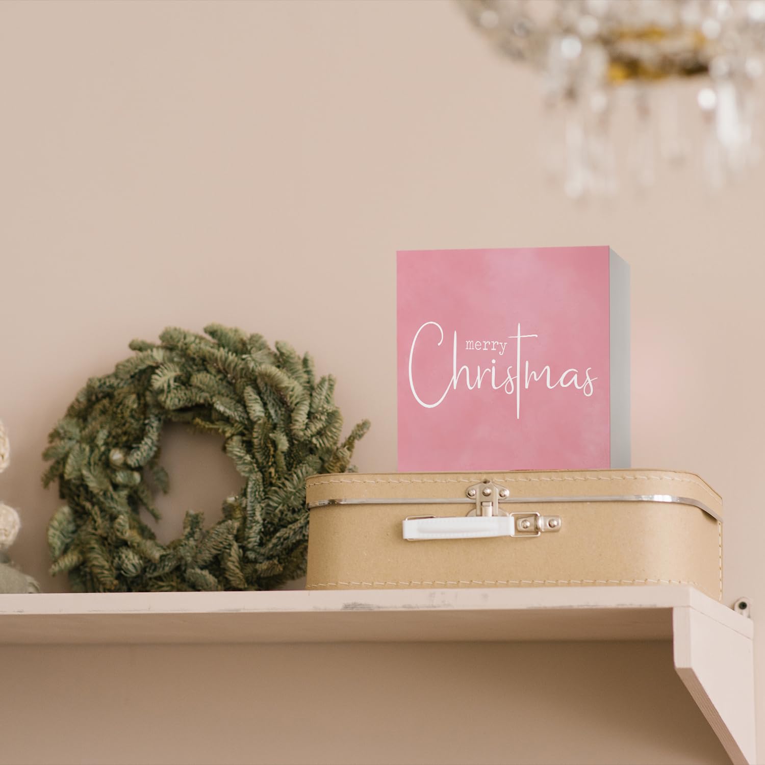 FLVGE Pink Christmas Decor, Pink Christmas Decorations for Home, Merry Christmas Wooden Box Sign Decor, Xmas Holiday Home Decor