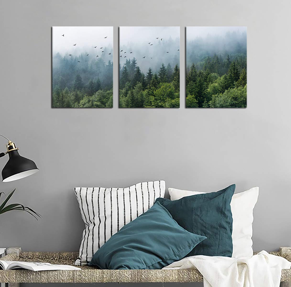 Green Forest Wall Art Tropical Foggy Forest Mountain Bird Contemporary Canvas Pictures Modern Artwork Framed For Bathroom Bedroo