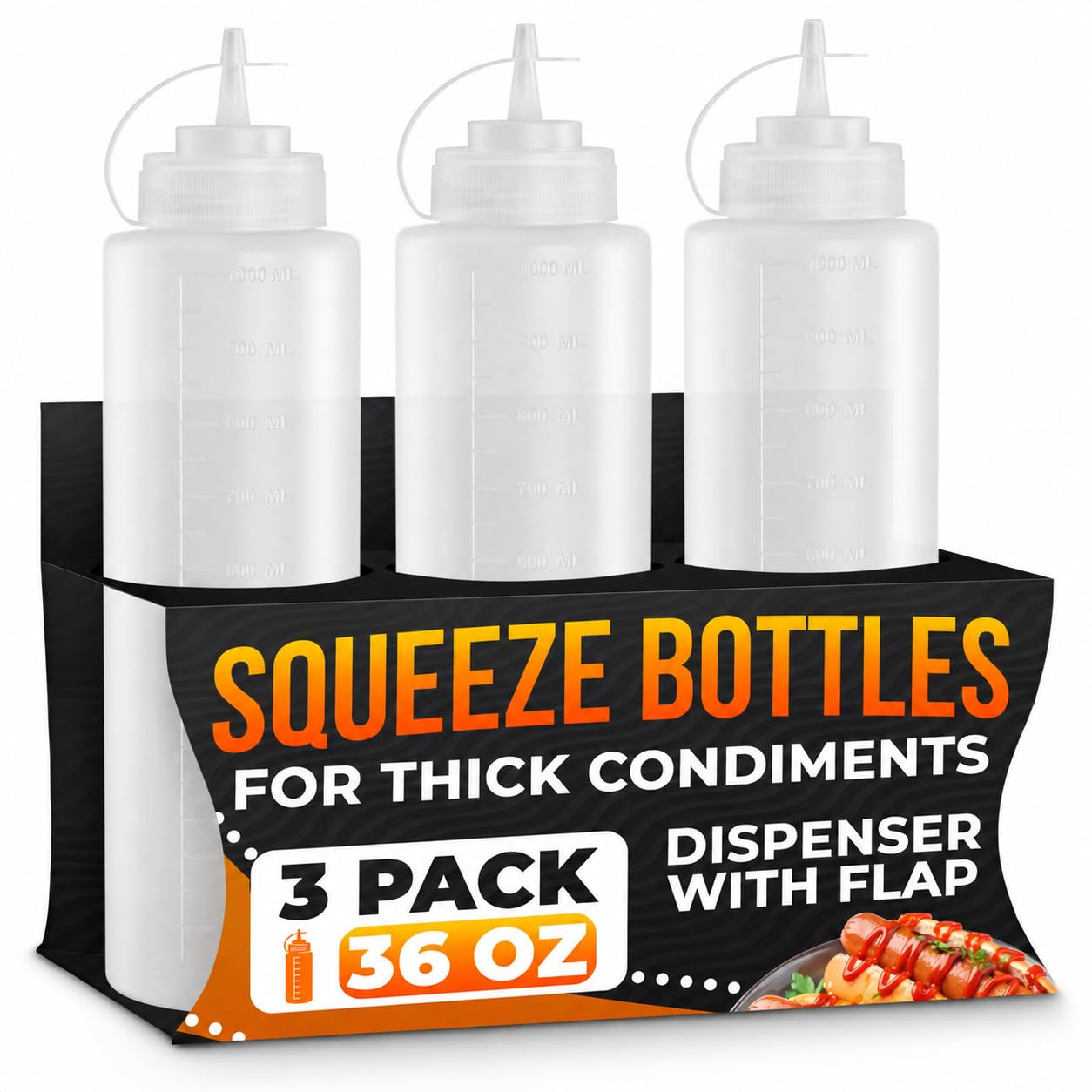 3-Pack Plastic Condiment Squeeze Bottles 36oz - Refillable Squirt Bottles with Narrow Tip, Leak-Resistant | Great for Oil, Sauce
