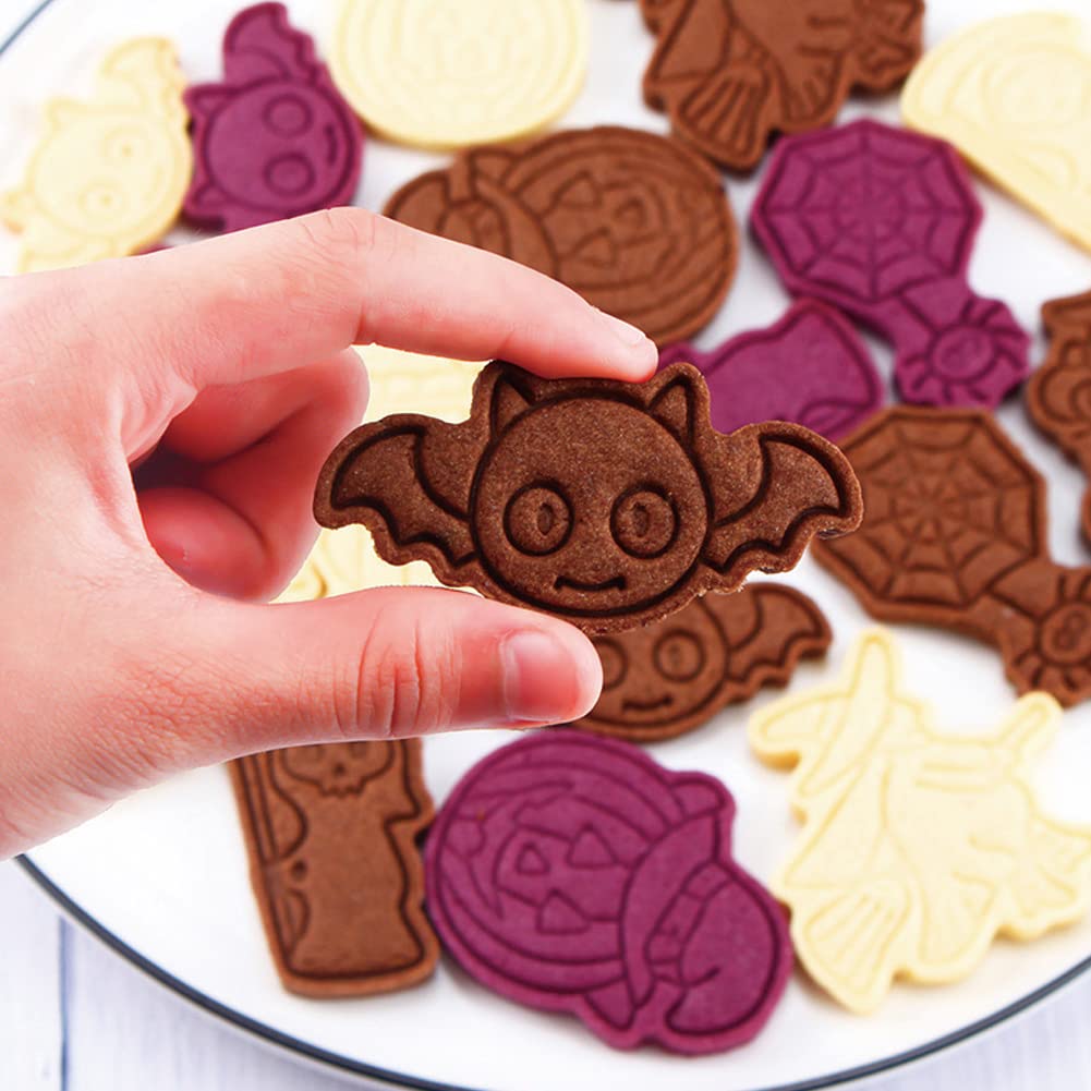 Guowall 6Pcs Halloween Cookie Cutters With Plunger Stamps Set 3D Cookie Stamps Funny Cartoon Biscuit Cutter For Baking Supplies