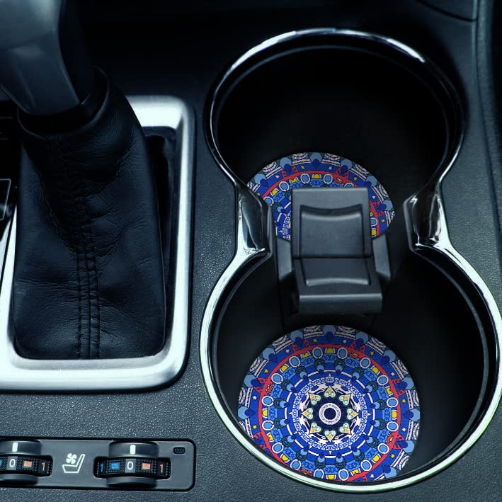 Caribou Coasters , Bohemian Blue Mandala Design Absorbent Round Fabric Felt Neoprene Car Coasters For Drinks (2.87 Inches), 2Pcs