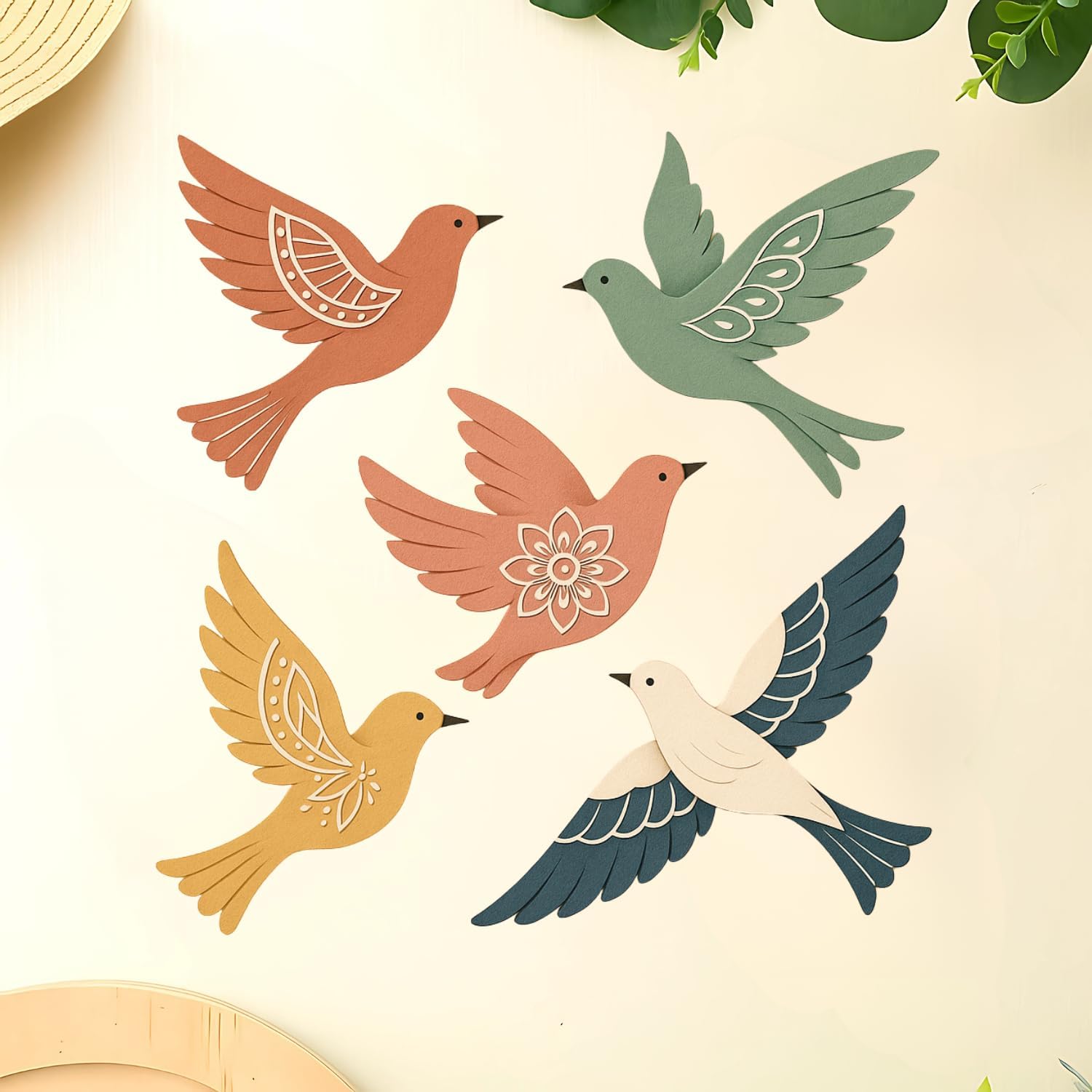 Giftoday Wooden 3D Birds Wall Art Panel - Set Of 5 | Handcrafted Wood Bird Folk Art Hanging For Living Room, Bedroom, Dining & O