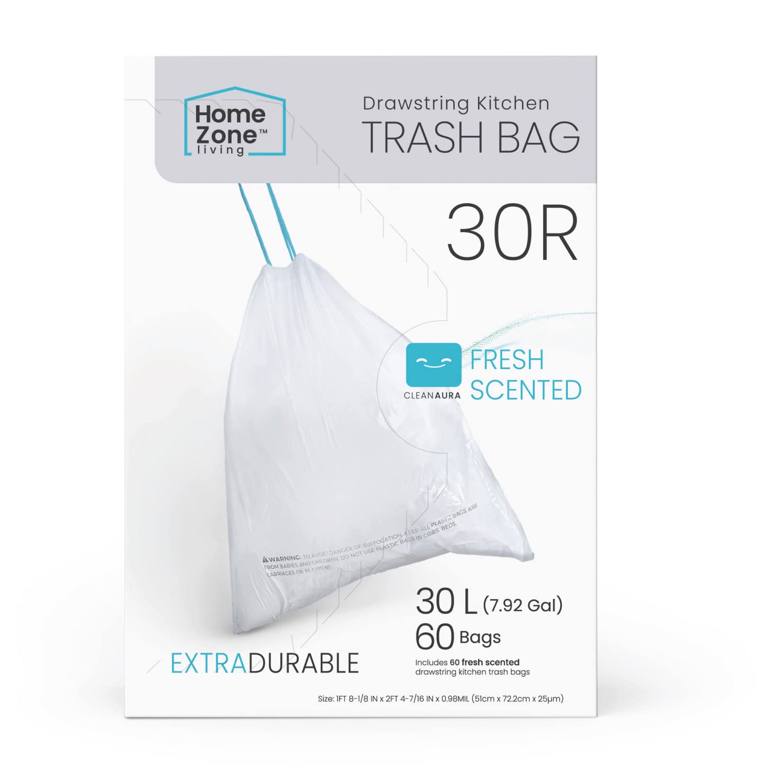 Home Zone Living 8 Gallon Kitchen Trash Bags with Drawstring Handles, Heavy Duty Custom Fit Design for 30 Liter Dual Recycling L