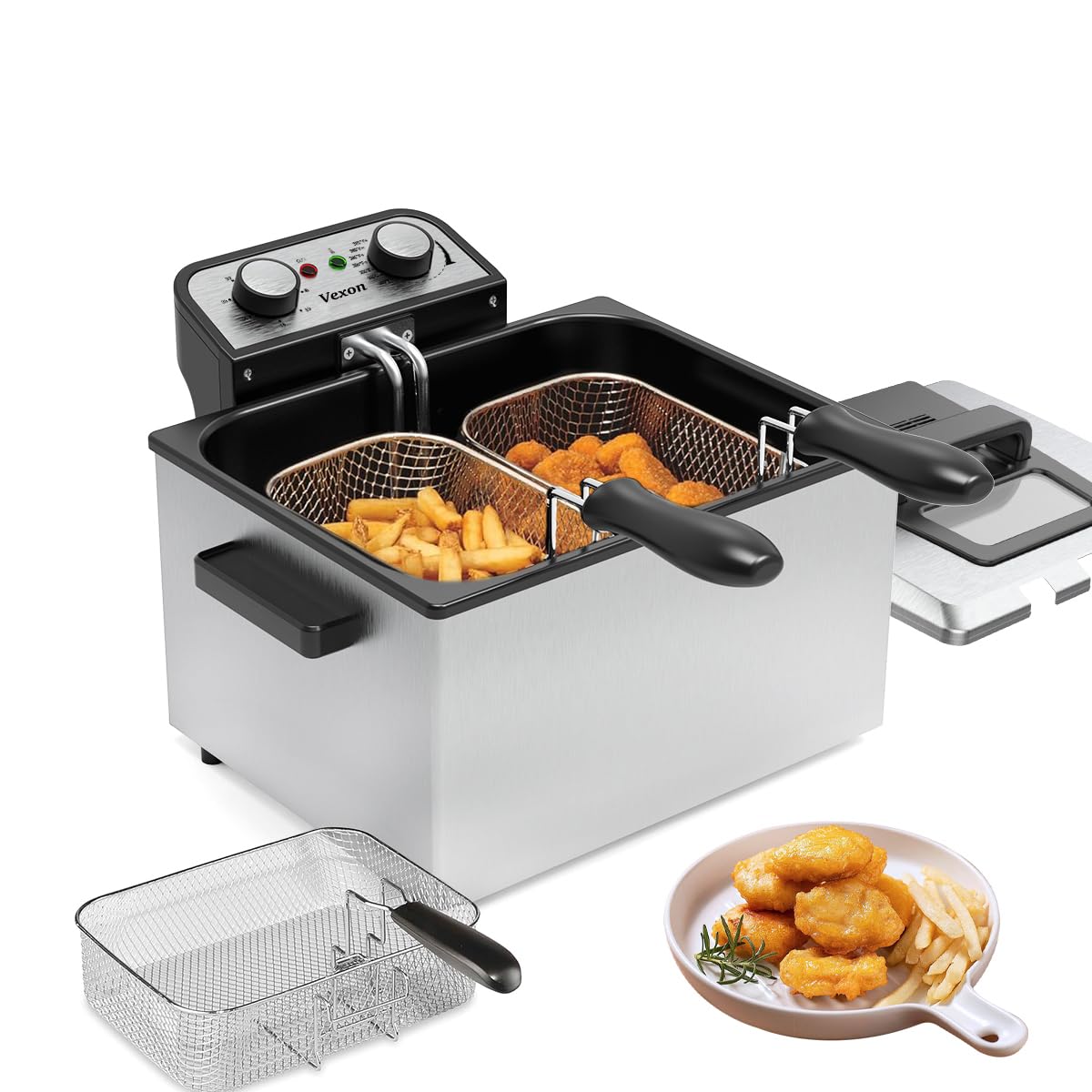1800W 5 Liters/21 Cups Large Electric Deep Fryer with 3 Frying Baskets for Home Use, Adjustable Temperature,View Window Lid,Coun