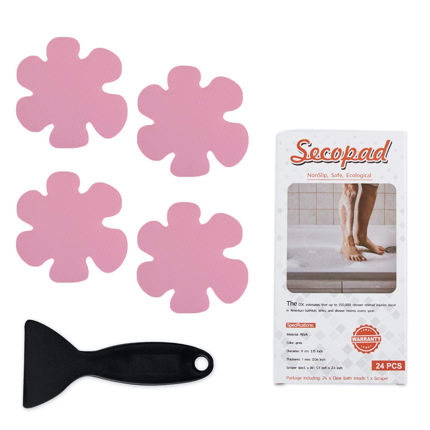 Secopad Bathtub Stickers Non-Slip, Safety Shower Treads Adhesive Appliques With Premium Scrape (Pink)