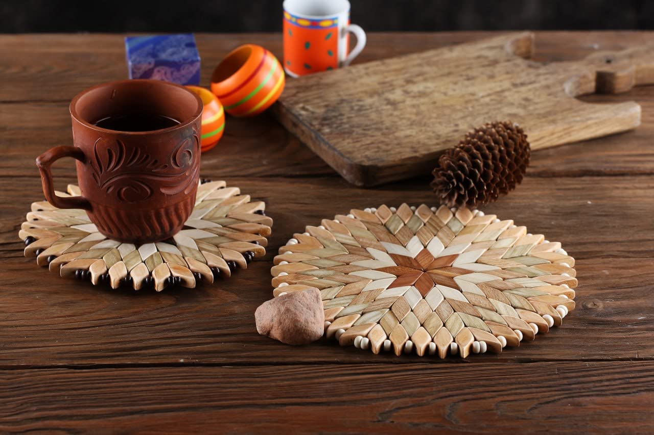 Set Of 2 Large Handmade Wooden Trivets For Hot Dishes - Diameter 9'' And 7''- Big Coasters And Hot Pads - Great Kitchen Gift Ide