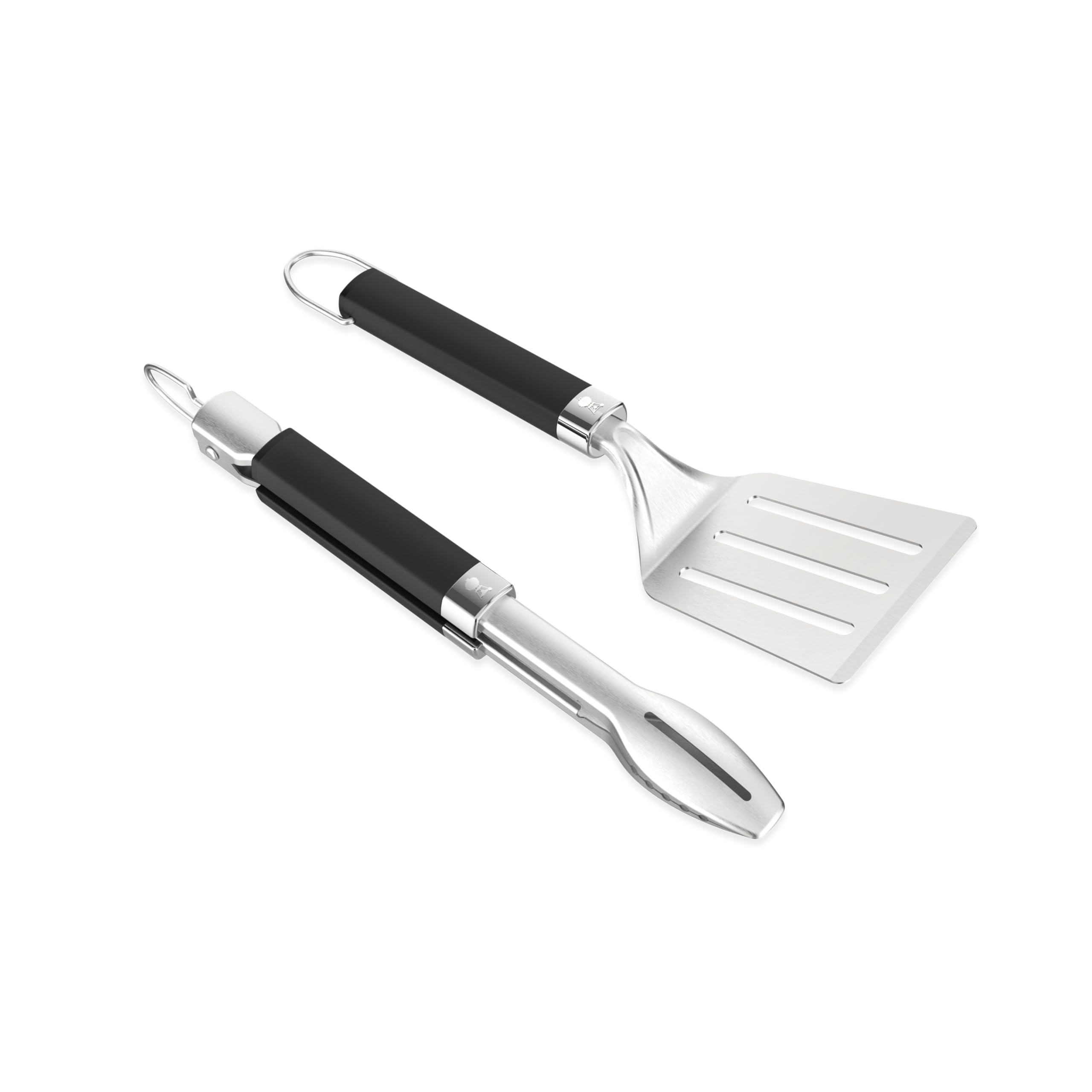 Weber Portable Grill Tool Set, 2-Piece - Compact Stainless Steel Spatula & Locking Tongs with Hanging Loops, Dishwasher Safe - G