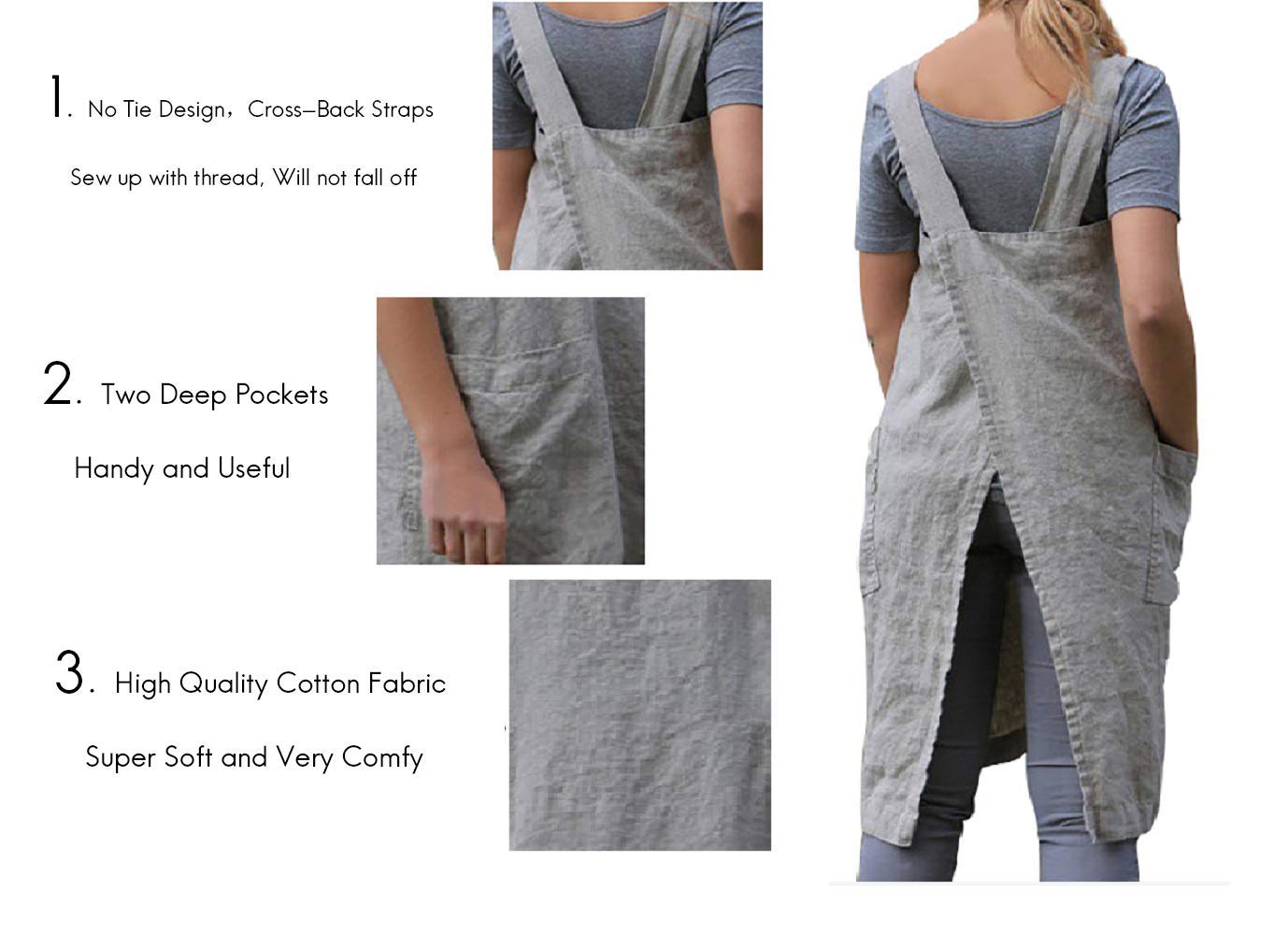 Womens Pinafore Square Apron Baking Cooking Gardening Works Cross Back Cotton/Linen Blend Dress With 2 Pockets Gray