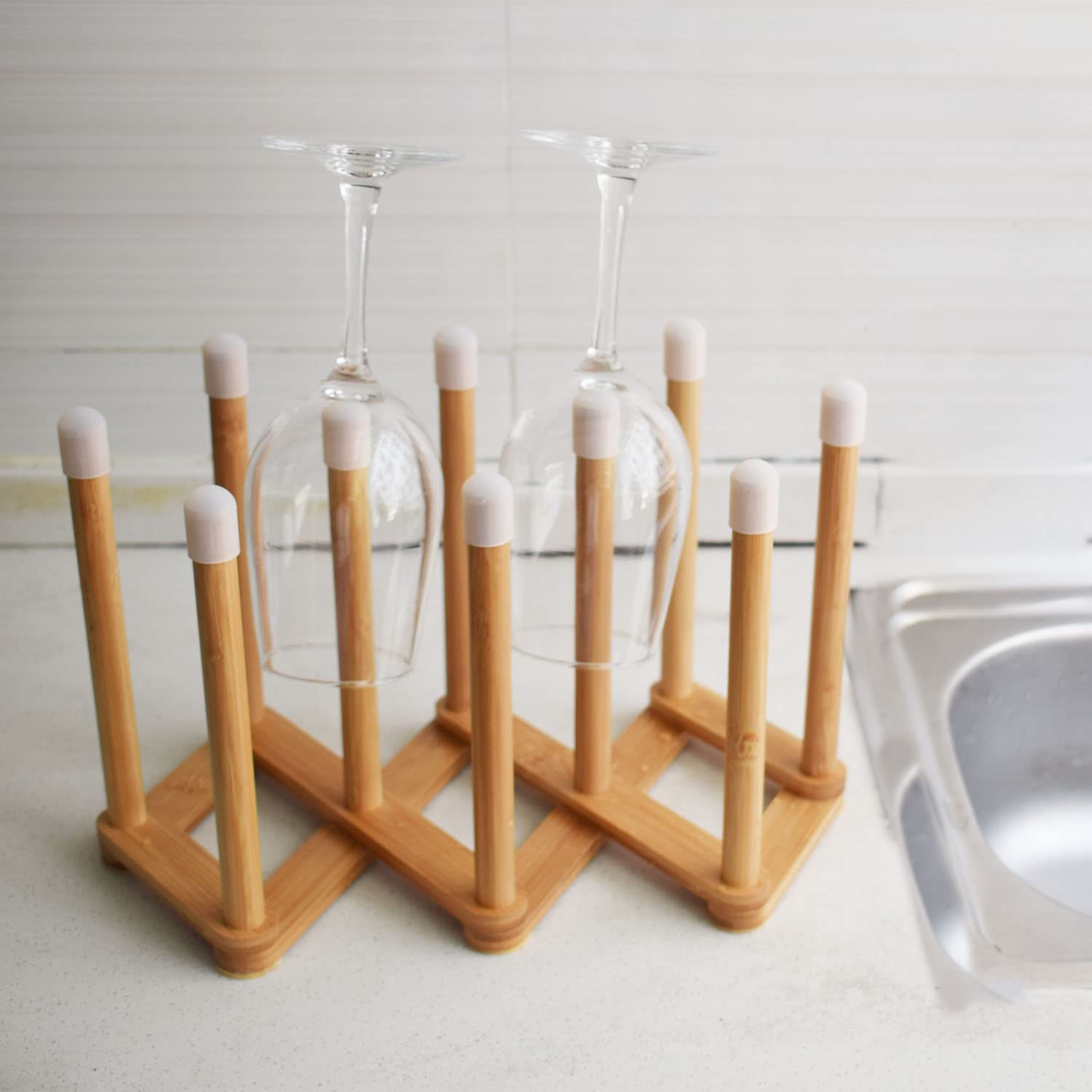 Cyauatt Bamboo Retractable Bottle Drying Rack, 7.9x3.9x7.5 inches, Original Bamboo Color, Model CT0029, Multifunctional Kitchen Drainer Stand