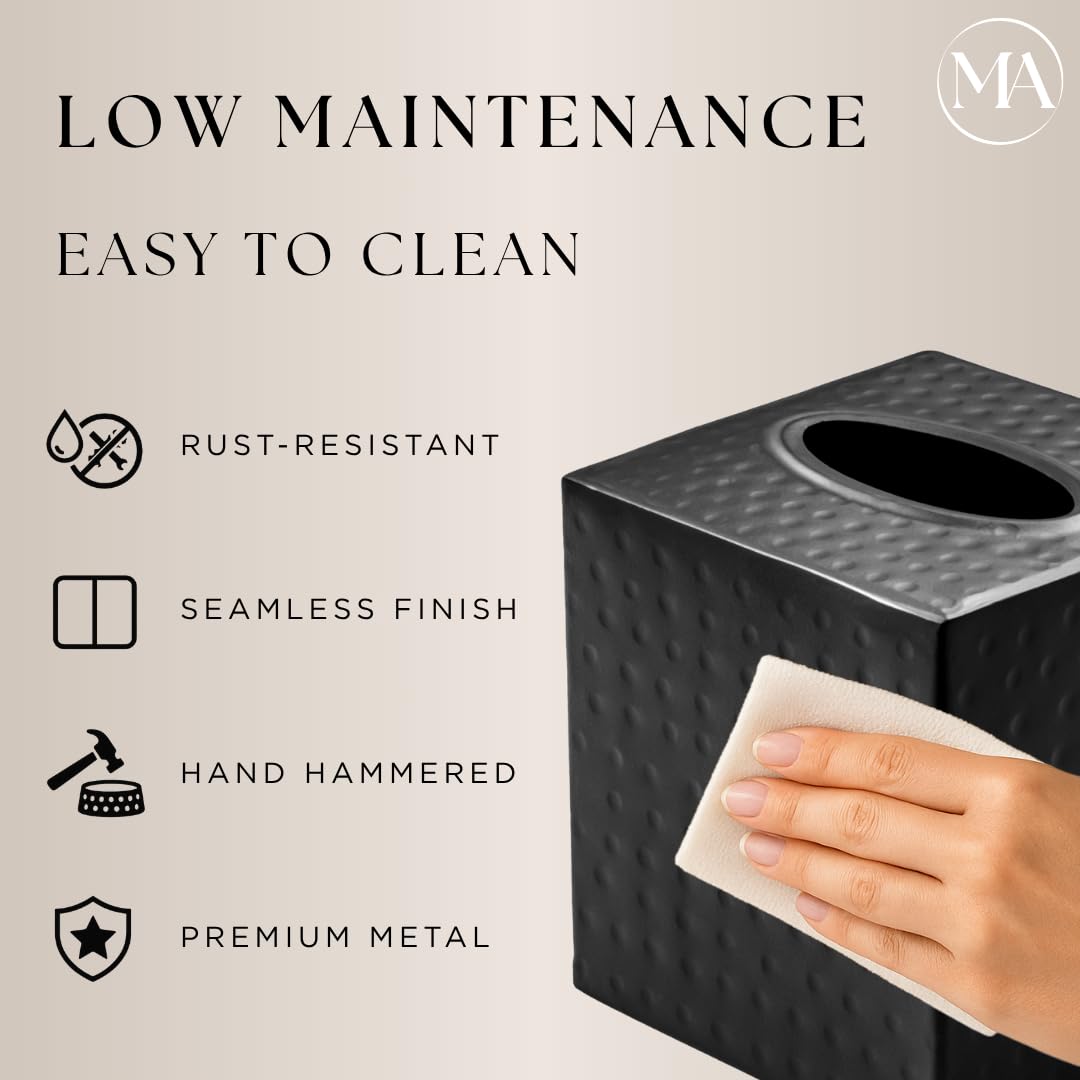 Monarch Abode 19127 Hand Hammered Tissue Box Square Cover Holder and Dispenser  Metal Dresser Accessories for Home and Office Bathroom Decor Vanity  Decorative Tissue Box Holder  Black