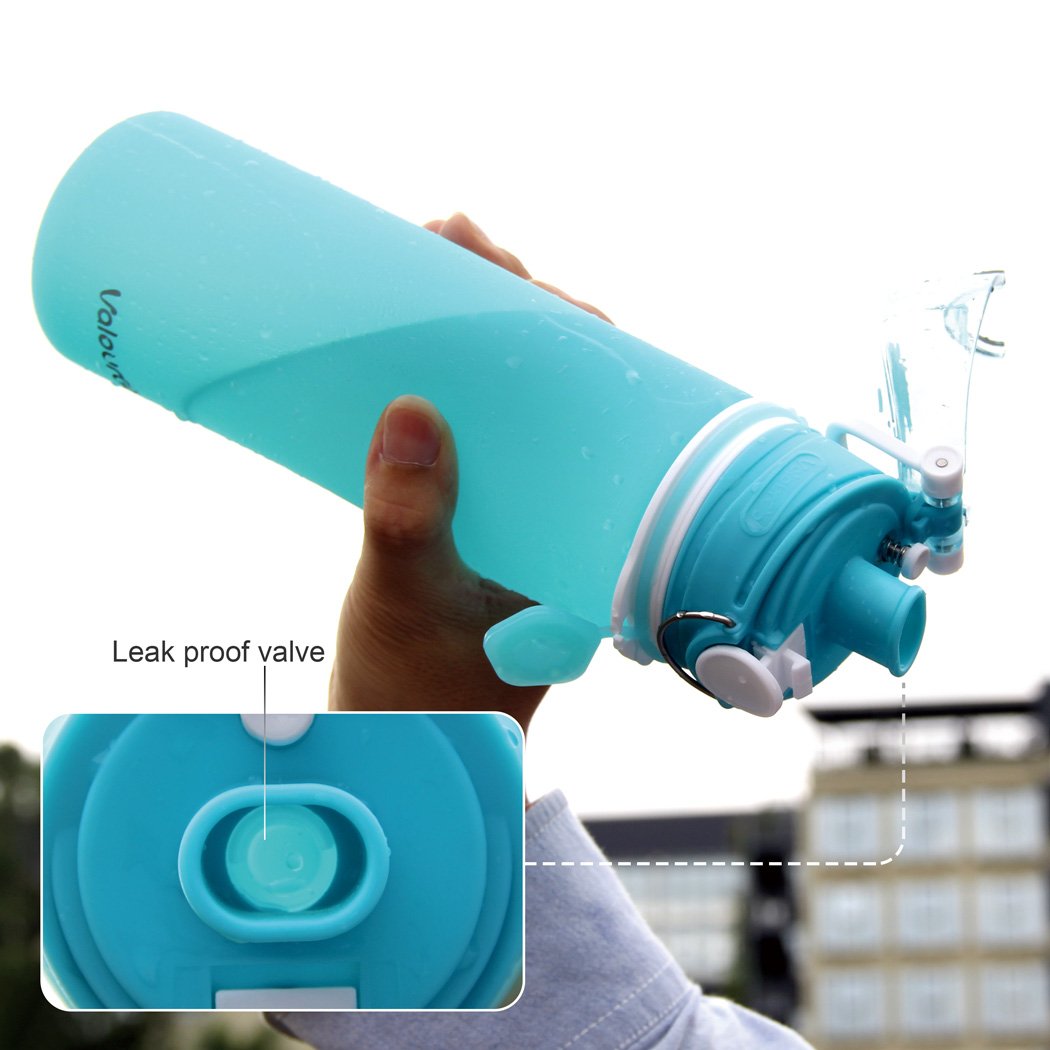 Valourgo Collapsible Water Bottle  Silicone Foldable with Leak Proof Valve BPA Free  Aqua Blue  21 oz
