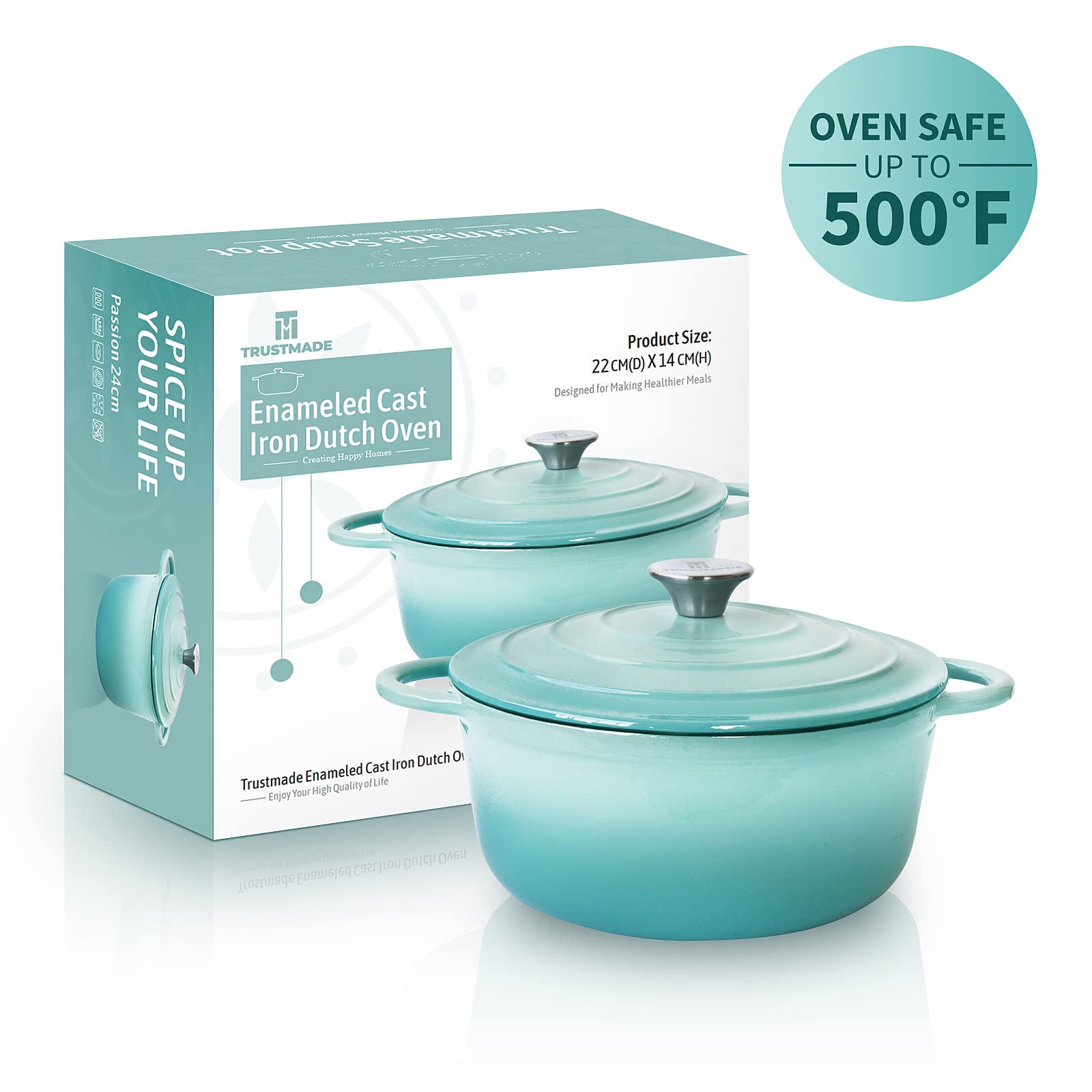 Trustmade 3 Qt Cast Iron Dutch Oven, Enamel Coated Cookware Pot With Self Basting Lid For Home Baking, Braiser, Cooking, Aqua