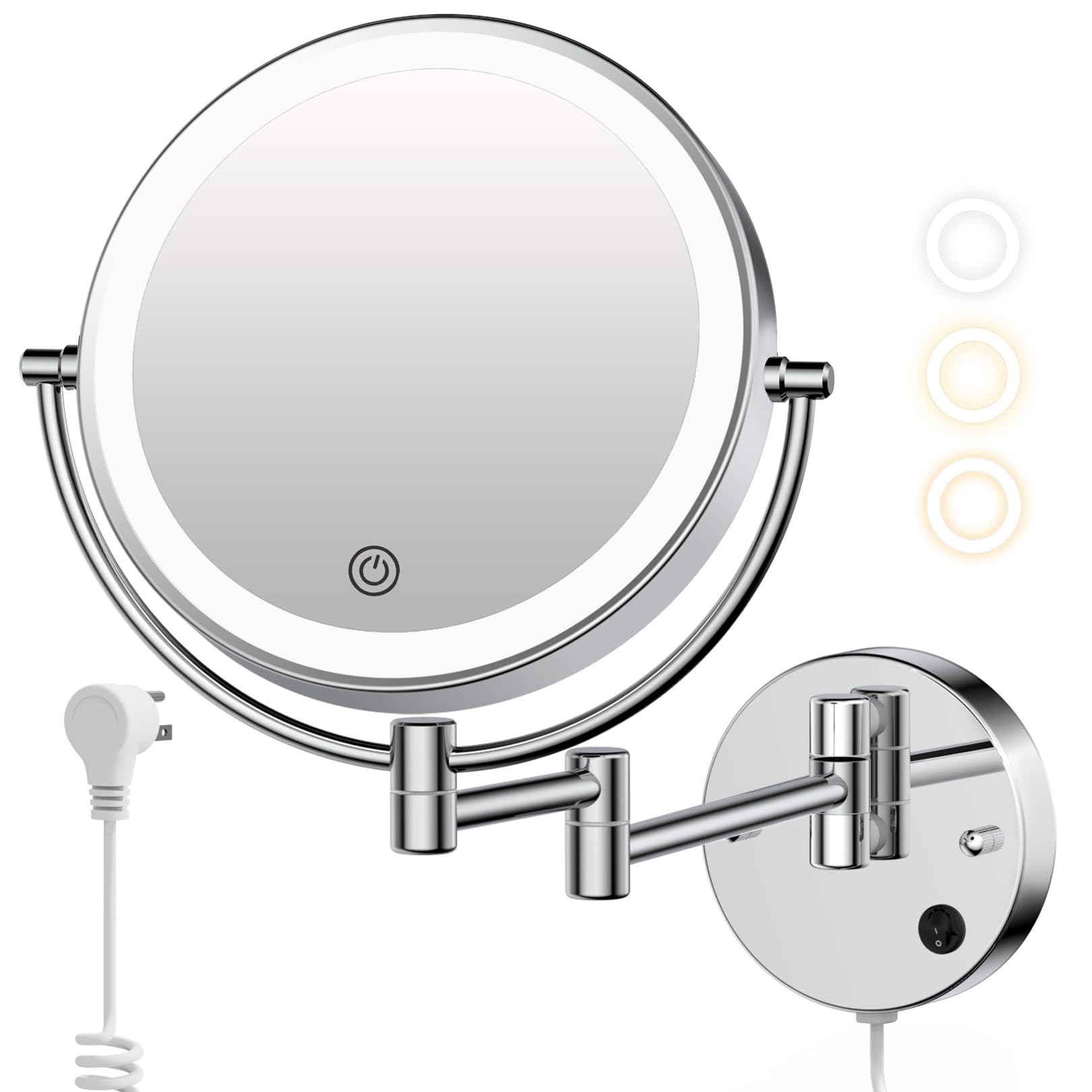 Wall Mounted Makeup Mirror With Lights, Magnifying Mirror 10X/1X Double-Sided, Plug-In Vanity Mirror With 3 Color Lights & Brigh