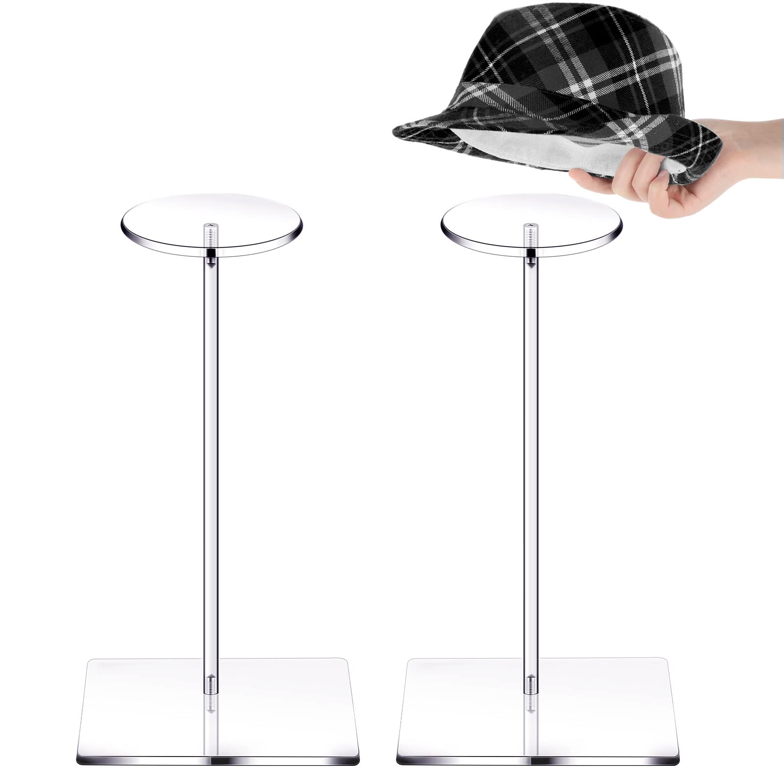 Yookeer 2 Set 12 Inch Clear Acrylic Hat Stands and Wig Display Rack Stands for Multiple Hats Display Tabletop Baseball Caps Watc