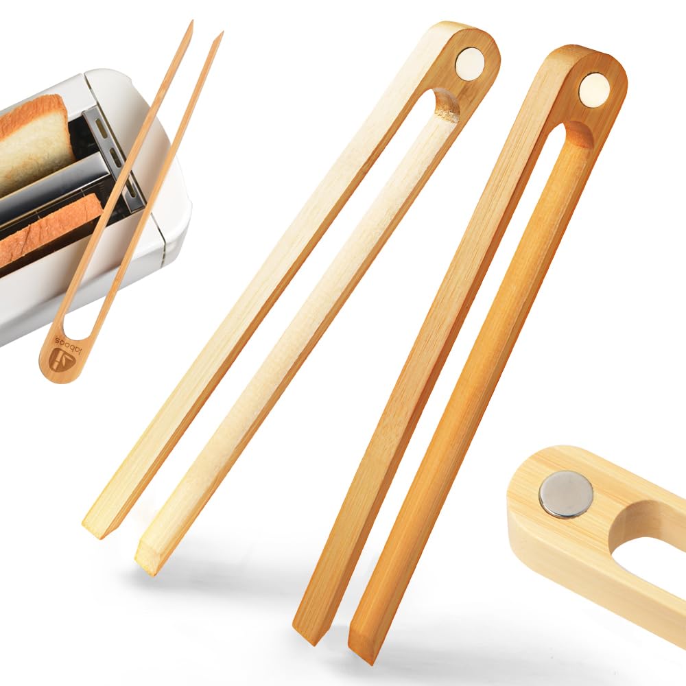 Magnetic Bamboo Toaster Tongs: 100% Natural 8.7?Wood Kitchen Toast Tongs| EcoFriendly, Space Saving Modern Kitchen Accessory fo