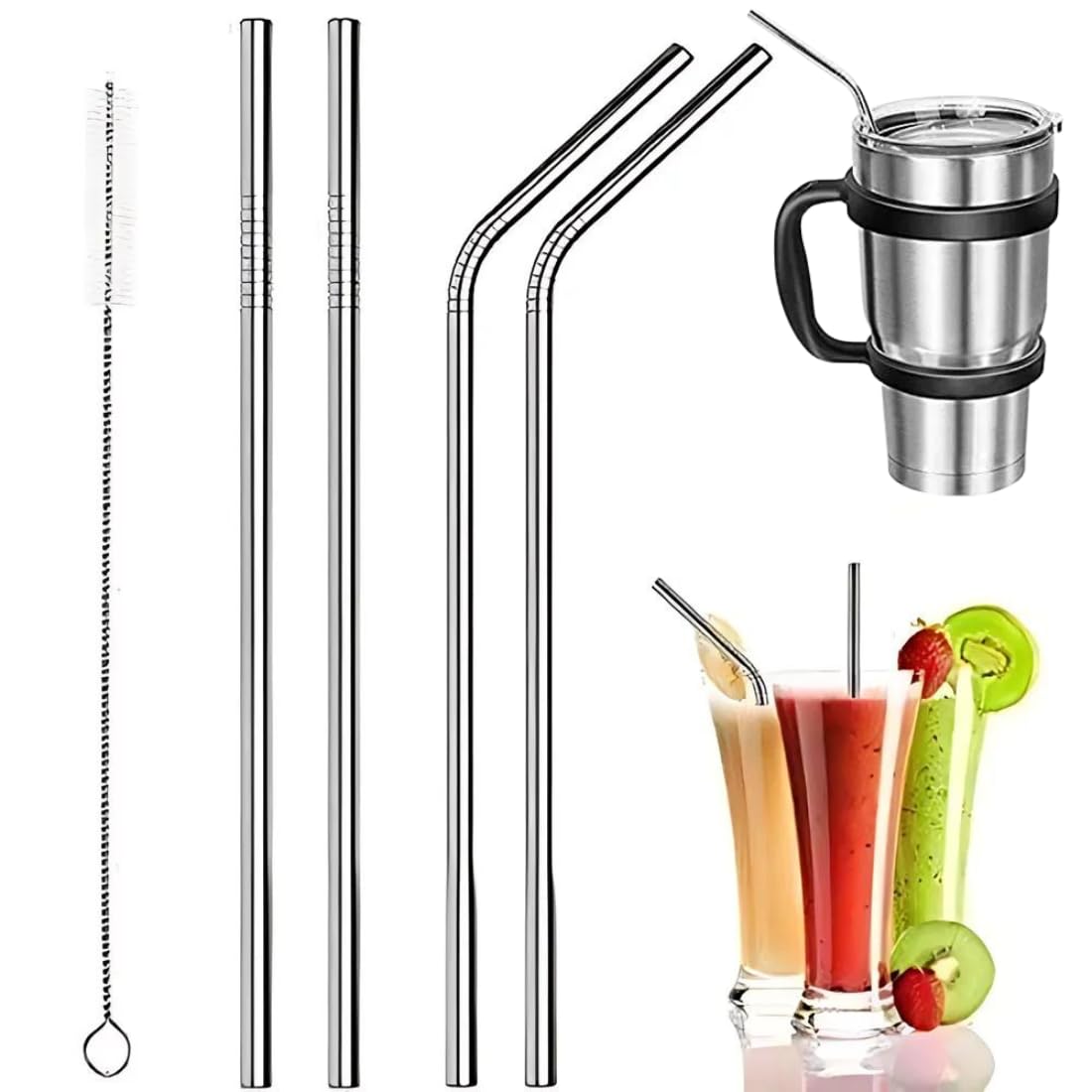 Drumstone    Pack Of 4 Stainless Steel Reusable Straws For Kids & Adults Includes 2 Straight & 2 Bent Straws With Cleaning Brush