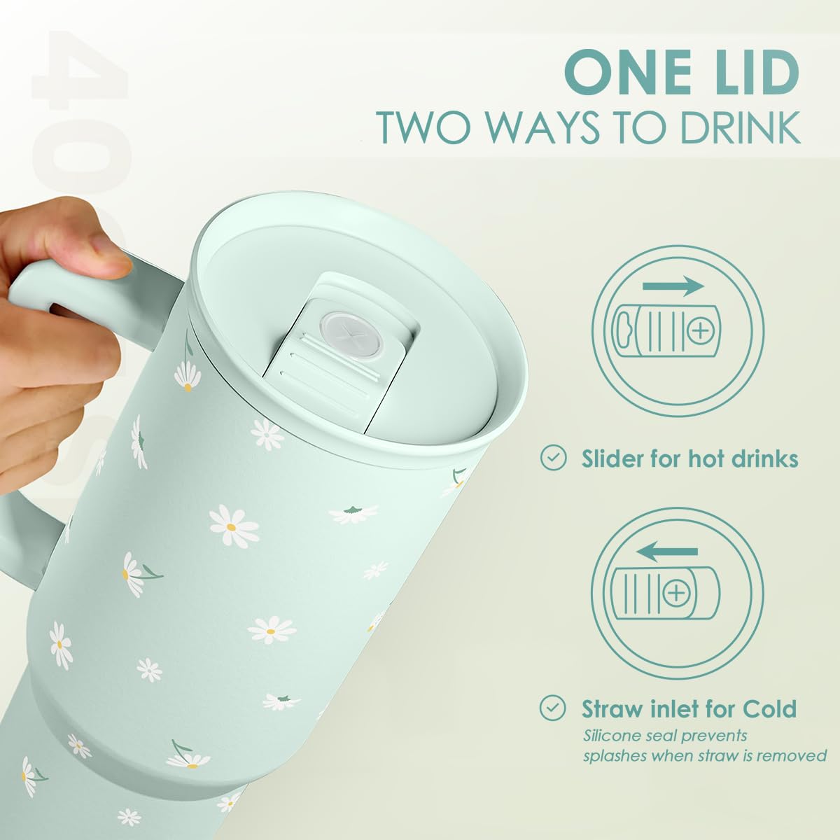 Daisy 40oz Tumbler with Handle and Straw - Flower Insulated Stainless Steel Travel Coffee Mug for Women Girls - Gift Idea for Bi