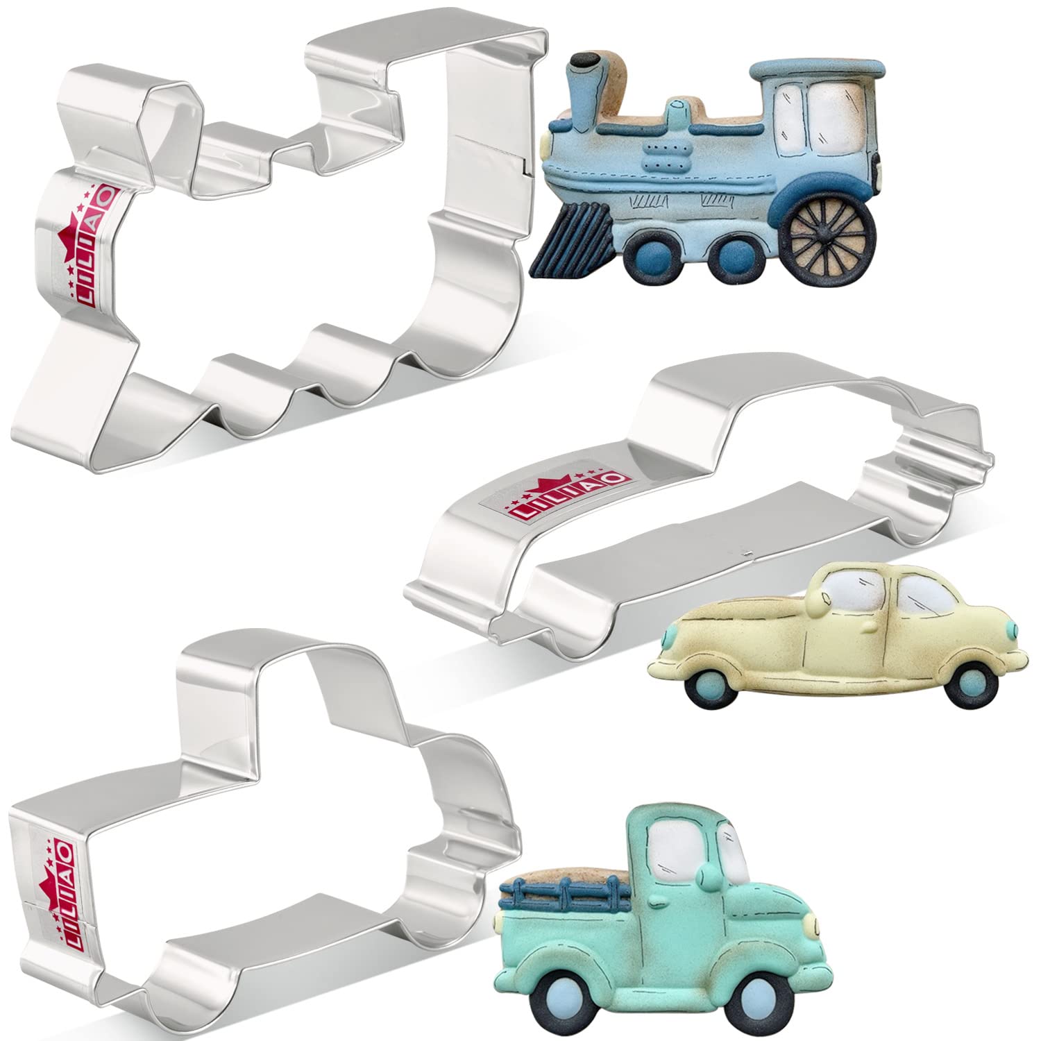 Liliao Transportation Vehicle Cookie Cutter Set - 3 Piece - Train, Pick-Up Truck And Beat-Up Car Biscuit Fondant Cutters - Stain