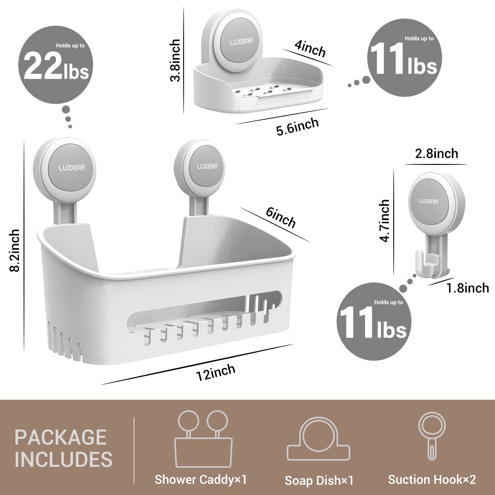 Luxear 4 Packs Shower Caddy Suction Cup Set - Shower Shelf+Soap Dish+Suction Hooks - 1 Second Installation No-Drilling Removable