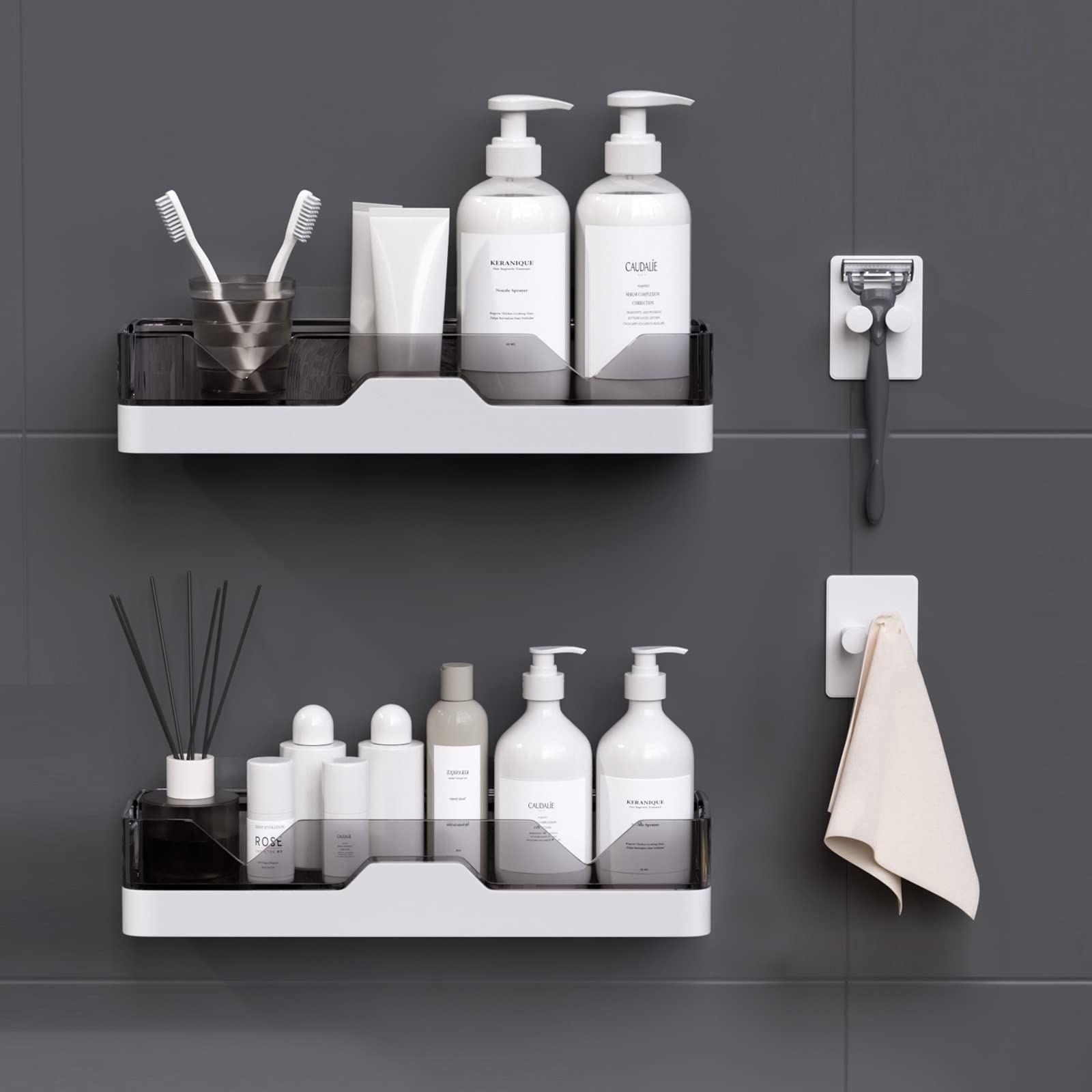 Uifer 2-Pack Adhesive Shower Caddy, Shower Shelves With Hooks, No Drilling Shower Racks For Inside Shower & Kitchen Storage