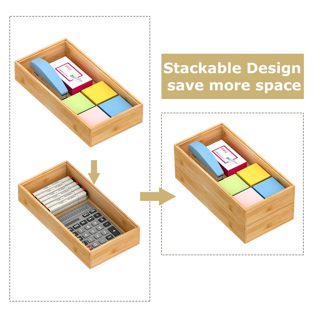 Stackable Bamboo Kitchen Drawer Organizer, Stackable Silverware Tray Utensil Organizer Holder For Kitchen Drawers, Multi-Use Sto